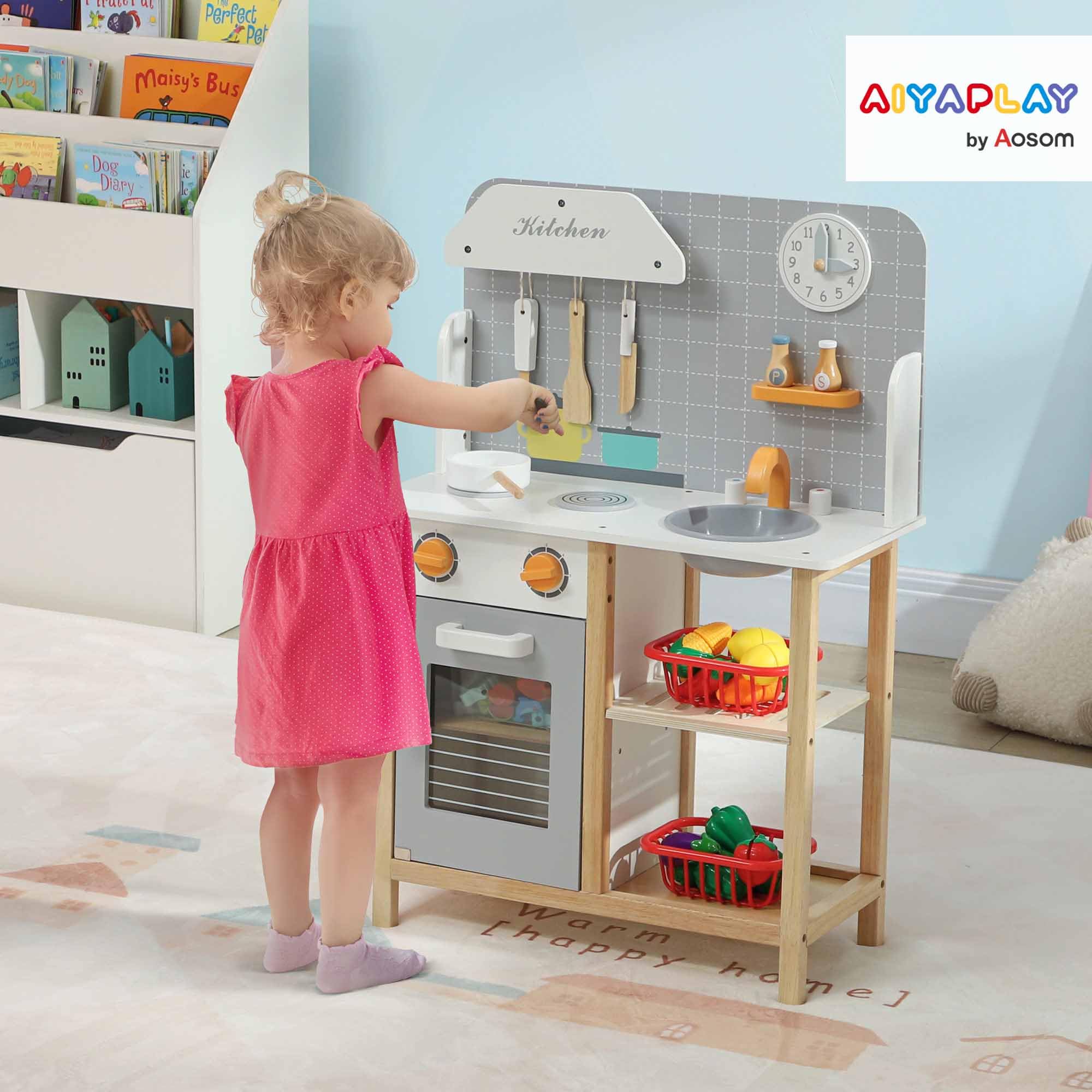 AIYAPLAY Cocina de Juguete con Sonido para Niños +3 Años 57x26x82 cm Gris | Cocinita Infantil, Cocinita de Madera Infantil, Fogón, Horno, Grifo, Fregadero, Accesorios de Cocina