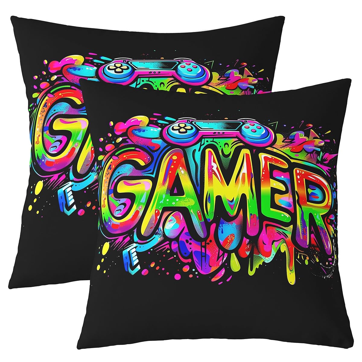 Loussiesd Kinder Gamer Kissenbezüge 40x40cm, Graffti Gaming Kissenhülle Jungen Mädchen Hippie Kissenbezug Colorful Sofakissen Couchkissen 2er Set KinderWeich Weich Kissenhülle Weich