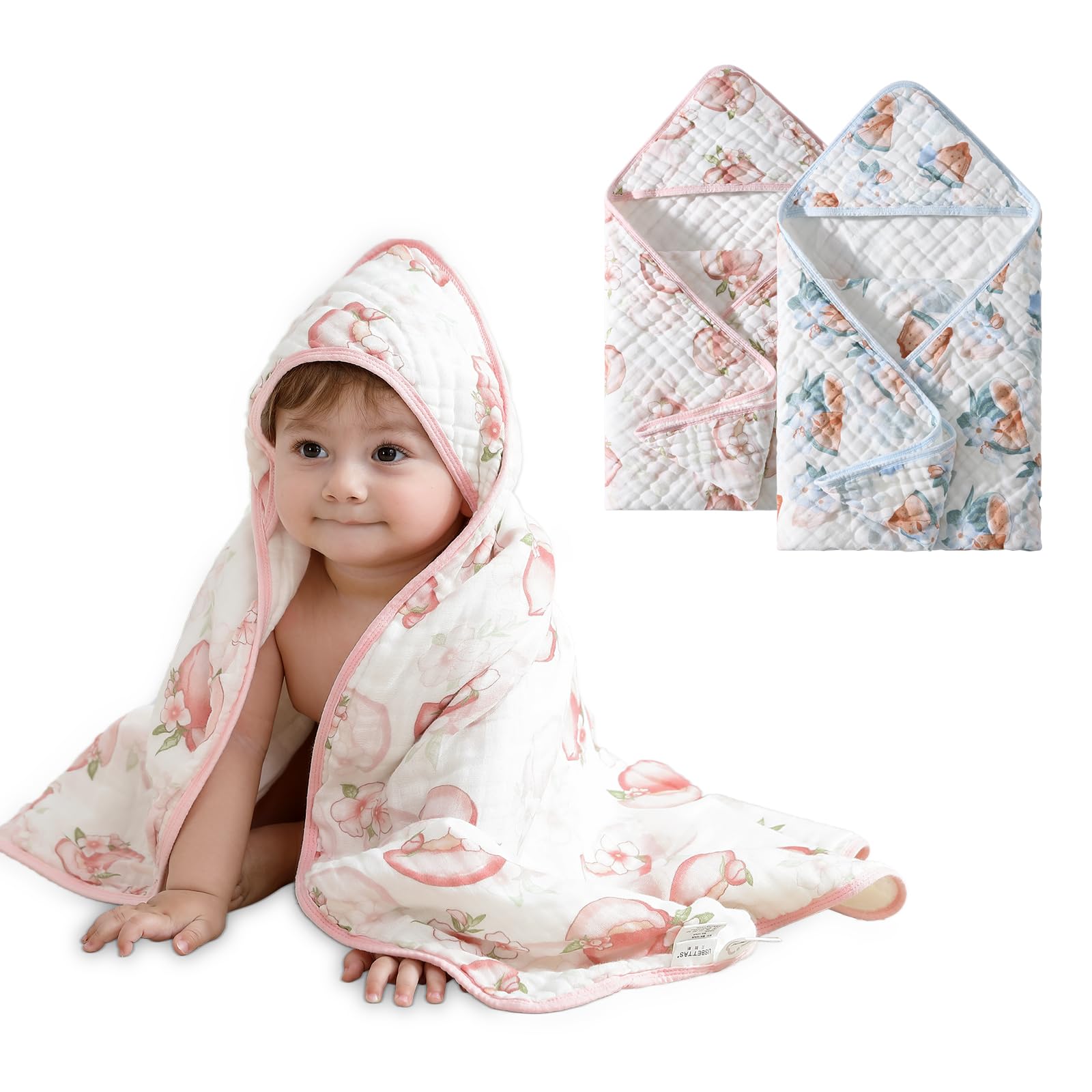 usbettas Muslin Hooded Baby Towels 2 Pack, Ultra Soft & Absorbent Baby Bath Towels, Bath & Beach Essentials, Shower Gifts for Newborns, Babies, Infant