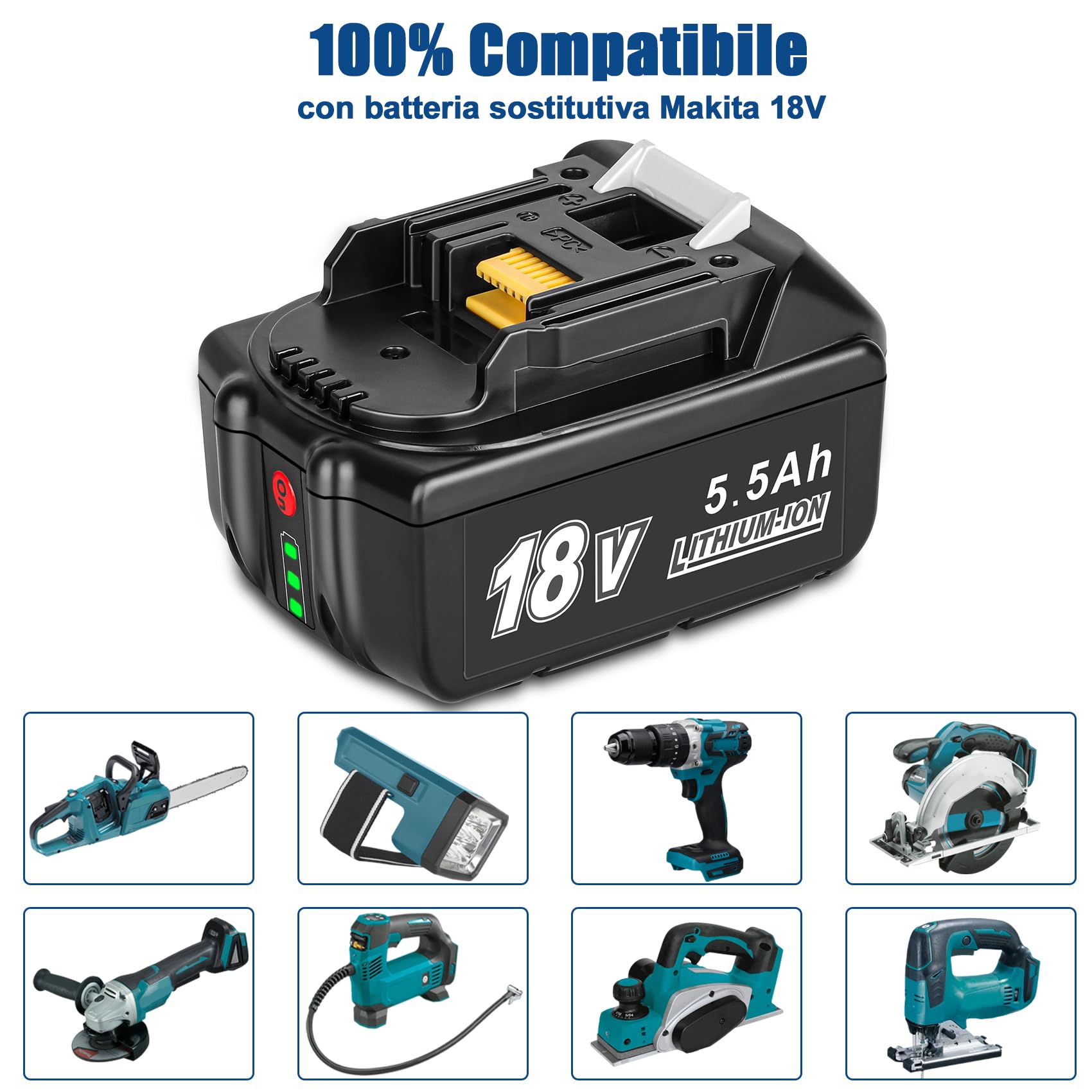 KUNLUN 2 Pezzi 5.5Ah Batteria di Ricambio per Makita 18V BL1850B | BL1860 BL1860B BL1830 BL1830B BL1840B BL1840 BL1835 BL1845 LXT-400 194204-5 194205-3, con Indicatore LED