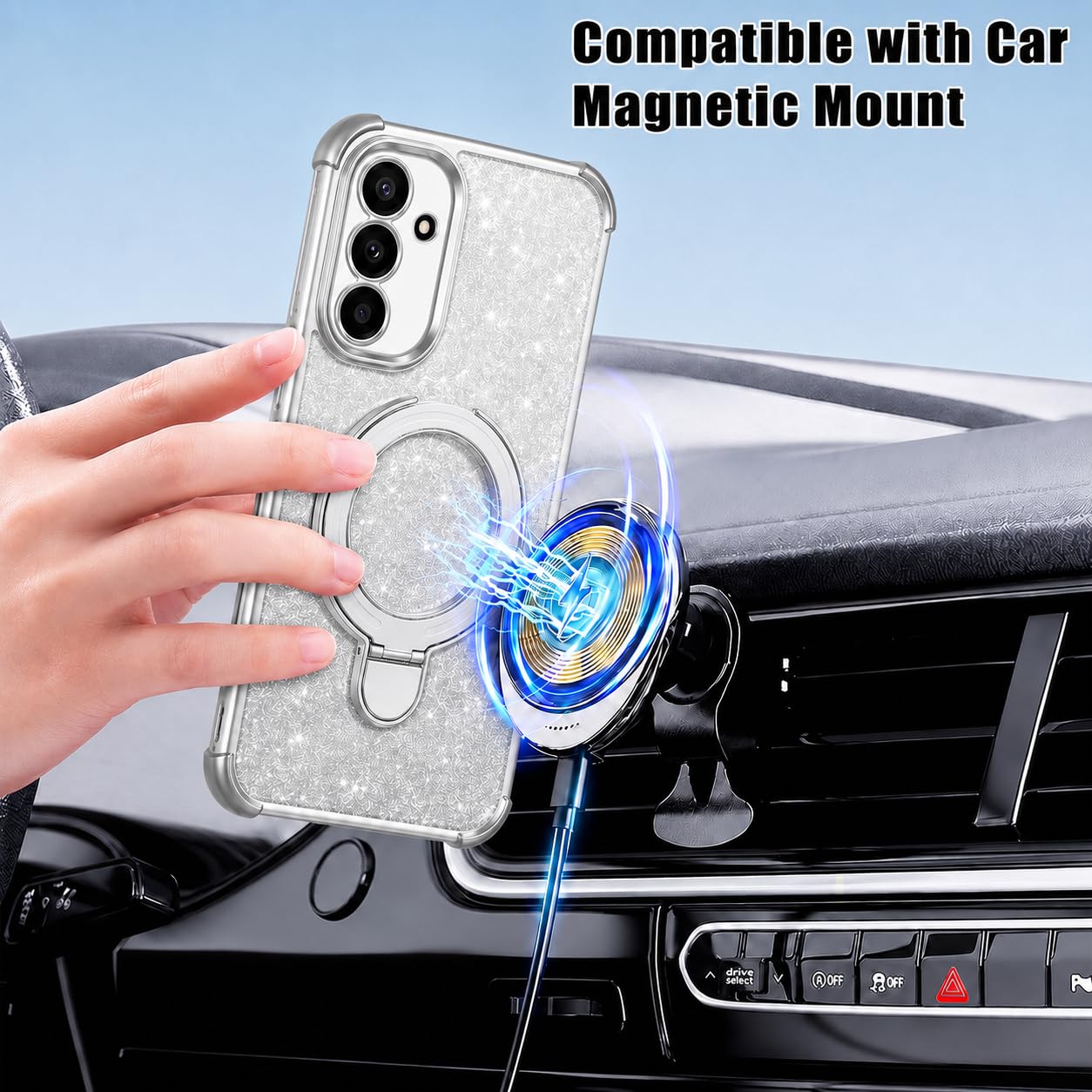 Mobigon Glitter Phone Case Compatible with Xiaomi Redmi Note 14 4G (Not 5G), Magnetic Ring Stand Shockproof Cover, Clear Soft TPU Bumper with Full Camera Protection - Silver