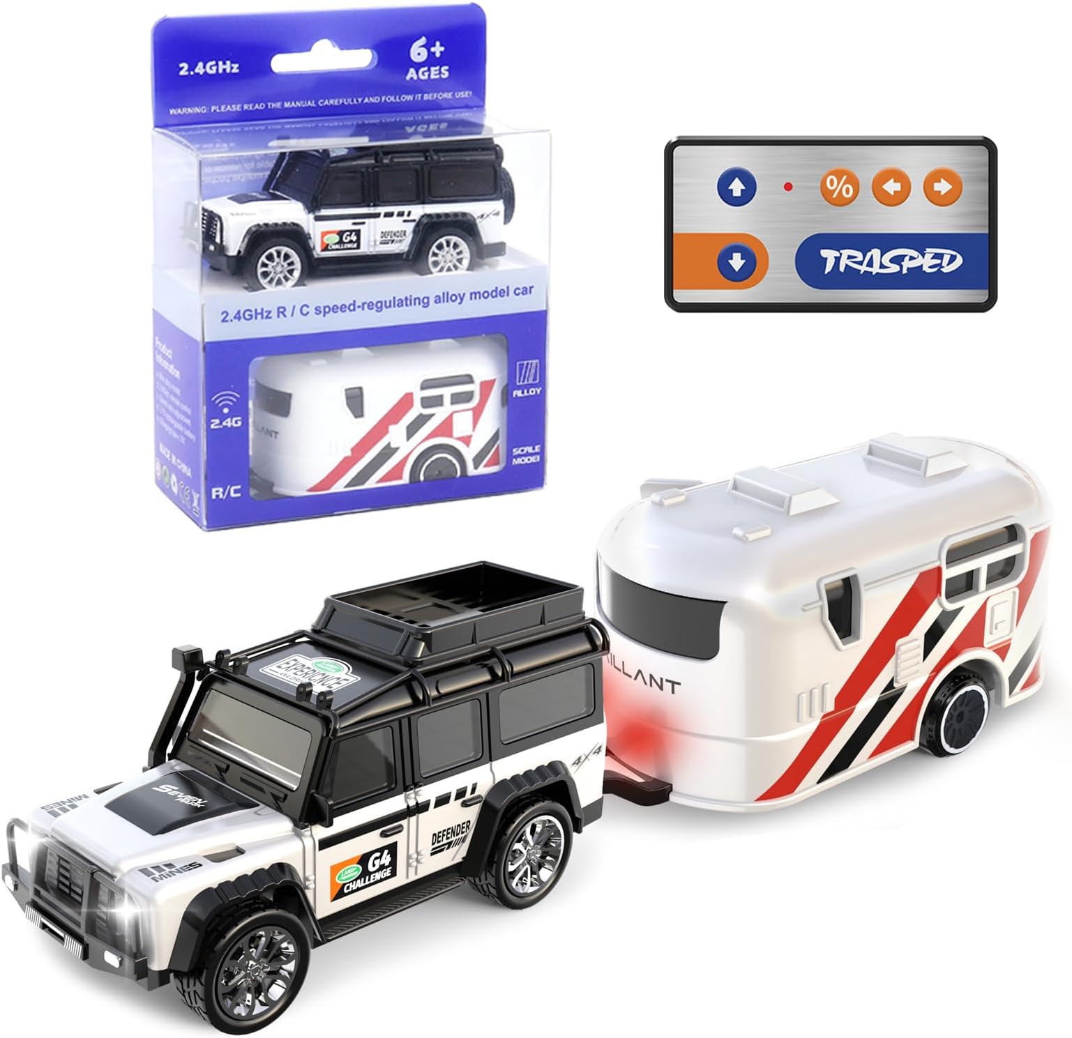 1:64 White Remote Control Toy Cars for Kids 2.4Ghz Adjustable Speed Scale Alloy Pickup RC Trucks with Trailer and Car Lights, USB-C Recharging, Easy to Operate, Festive Gift for Children, Boys, Girls