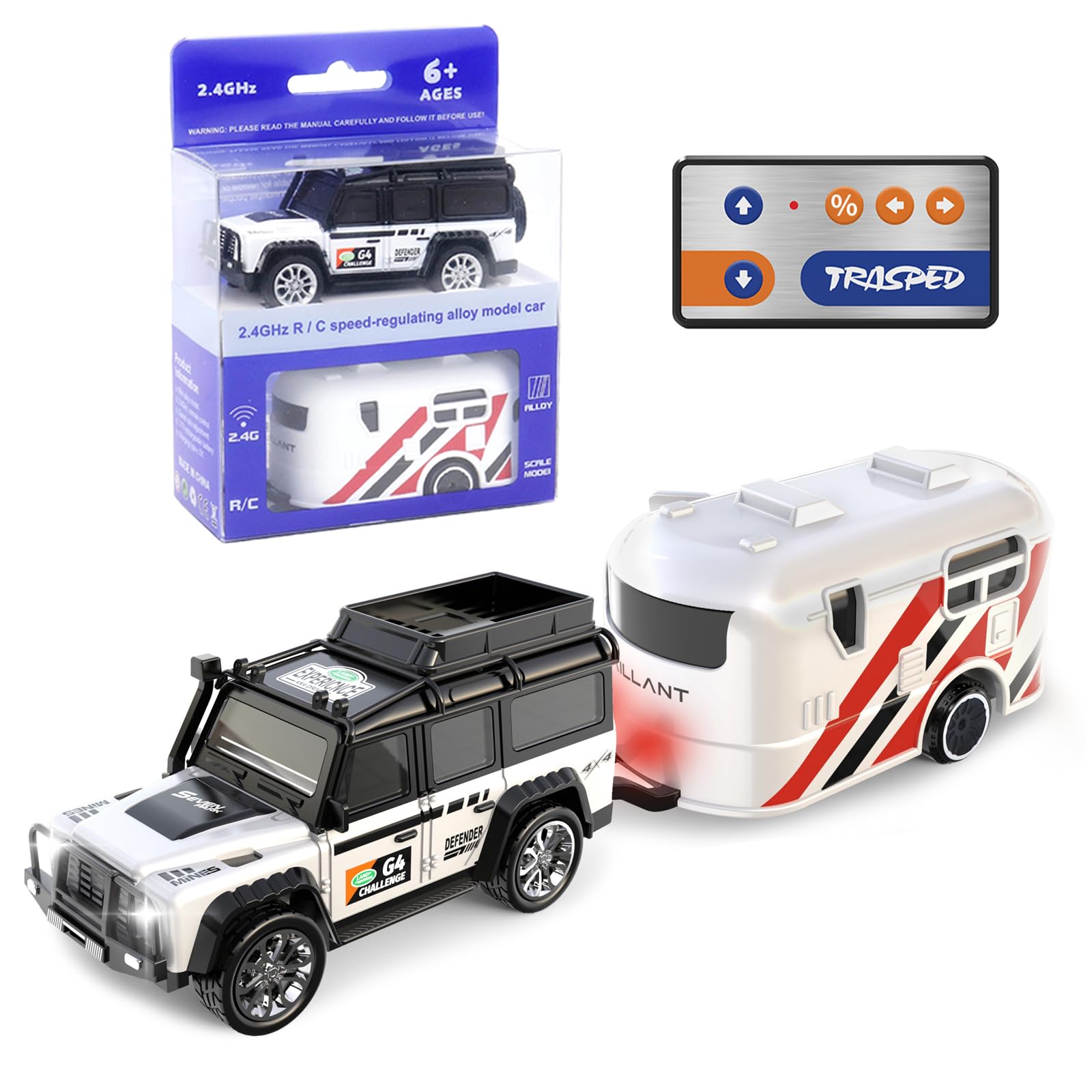 1:64 White Remote Control Toy Cars for Kids 2.4Ghz Adjustable Speed Scale Alloy Pickup RC Trucks with Trailer and Car Lights, USB-C Recharging, Easy to Operate, Festive Gift for Children, Boys, Girls
