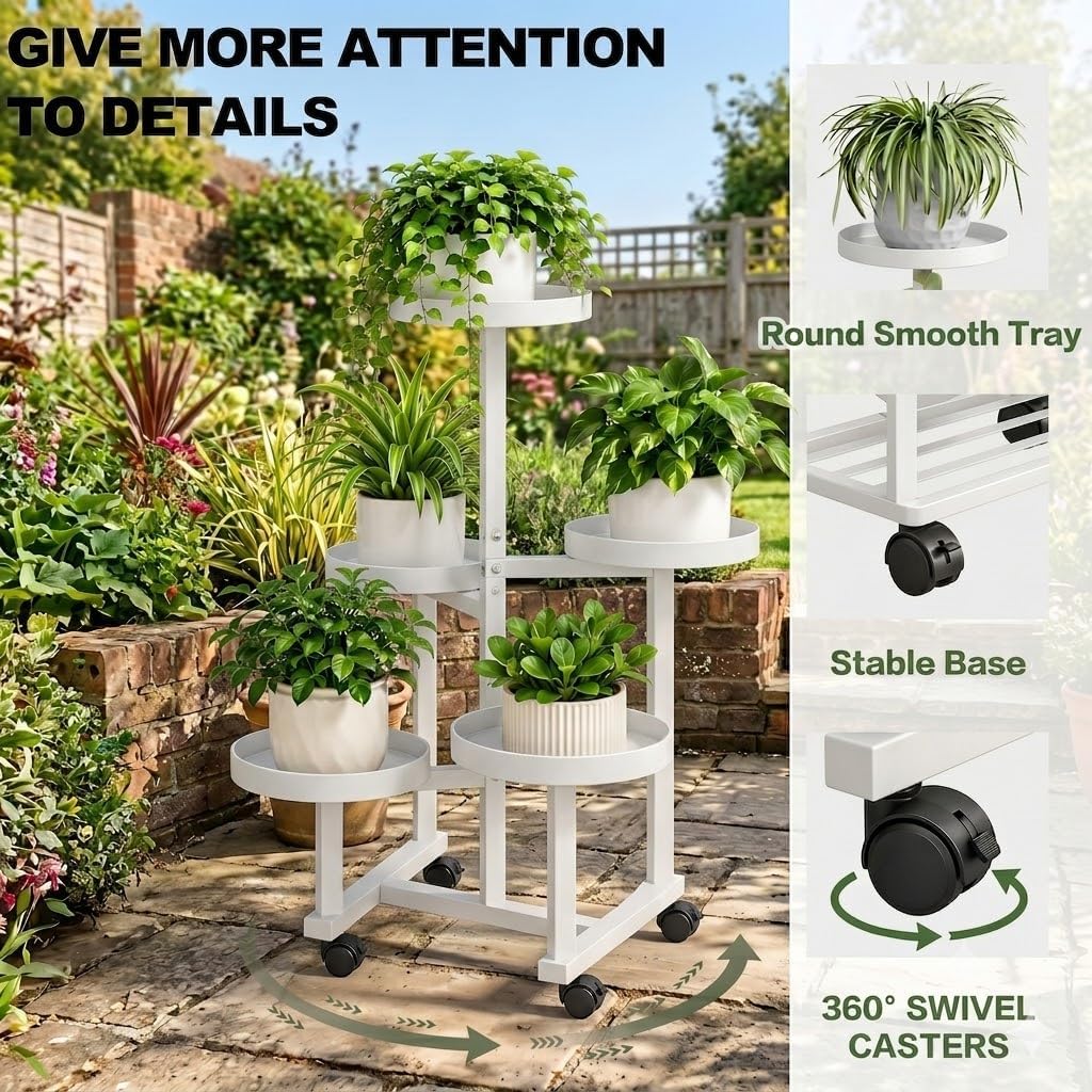 Indoor Plant Stand with Wheels, 5 Tier Metal Flower Shelf for Garden Patio Balcony Living Room Outdoor, Movable Multi Plant Holder Display Rack with Lockable Wheels, (White) image 5