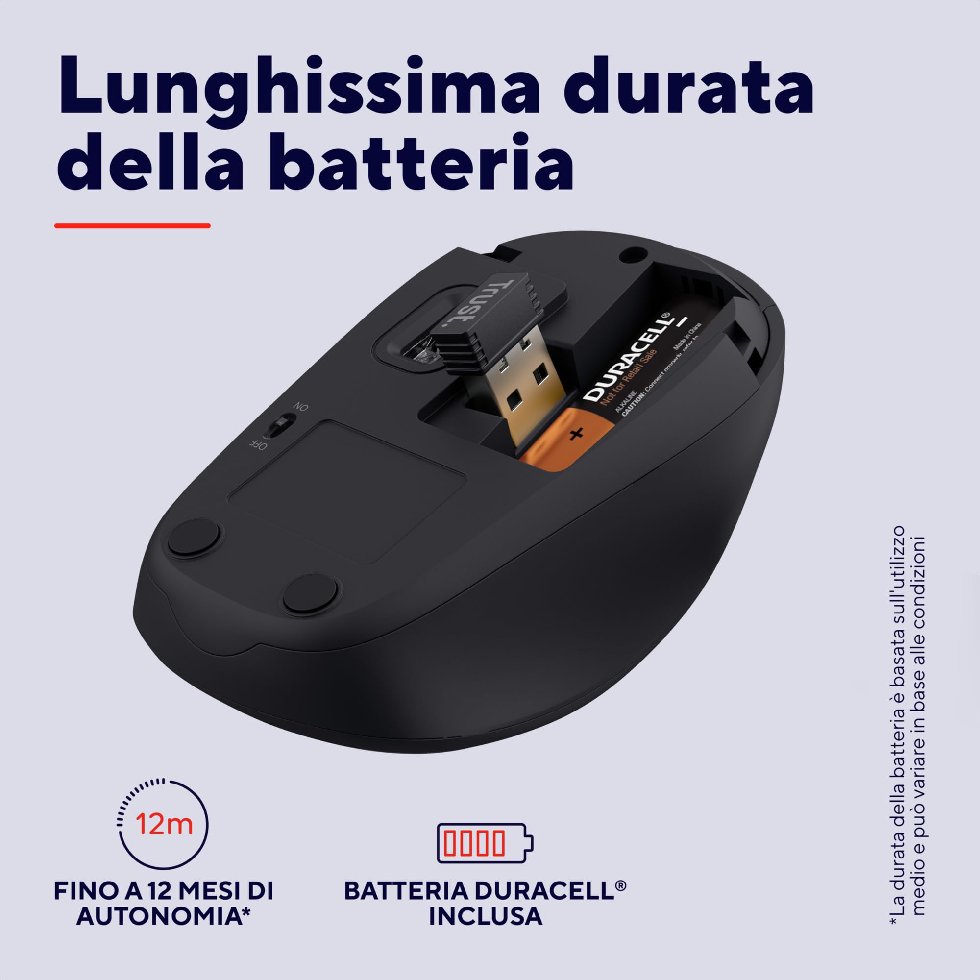 Trust Yuki Mouse Wireless Silenzioso con Batteria, per Mano Sinistra e Destra, 83% Plastica Riciclata, 800-1600 DPI, Microricevitore USB, Mouse Senza Fili Compatto per PC, Laptop, Computer, Mac