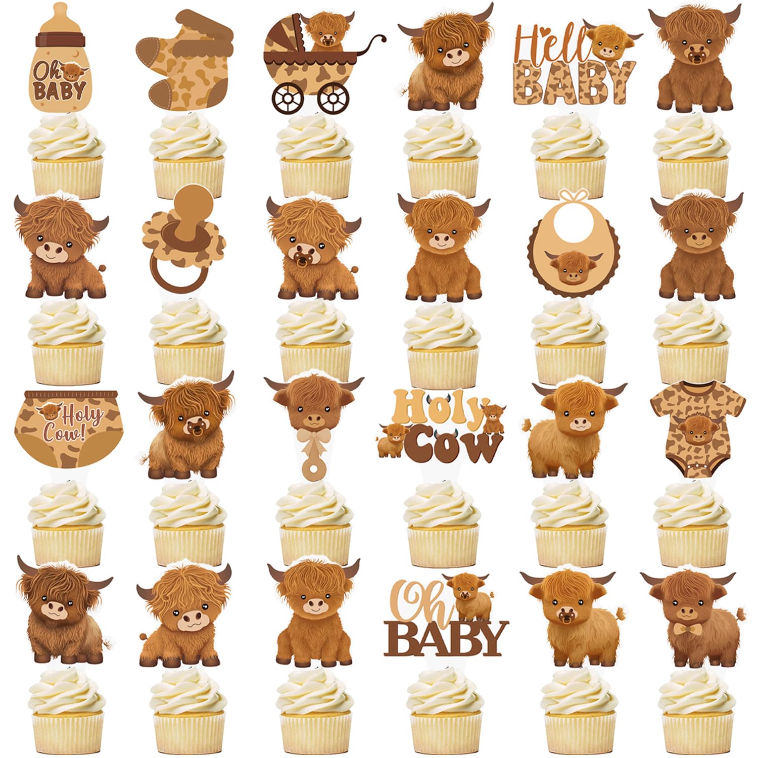 CANDY CHEF 48Pcs Brown Highland Cow Baby Shower Cupcake Toppers & Decorations