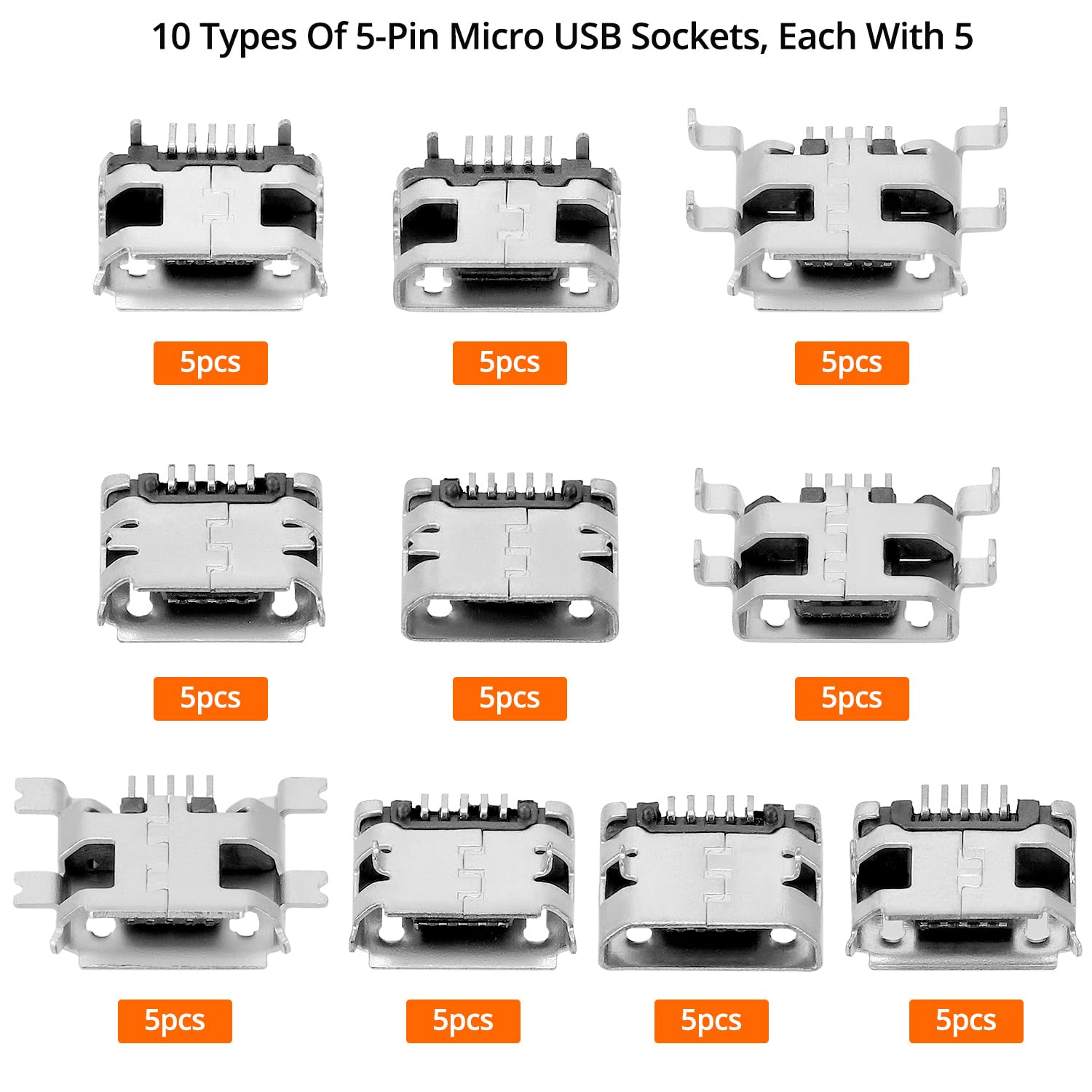 QWORK® 50 sztuk gniazdo Micro USB 5-pinowe, 10 modeli złącza USB do lutowania, do produktów informacyjnych i komunikacyjnych