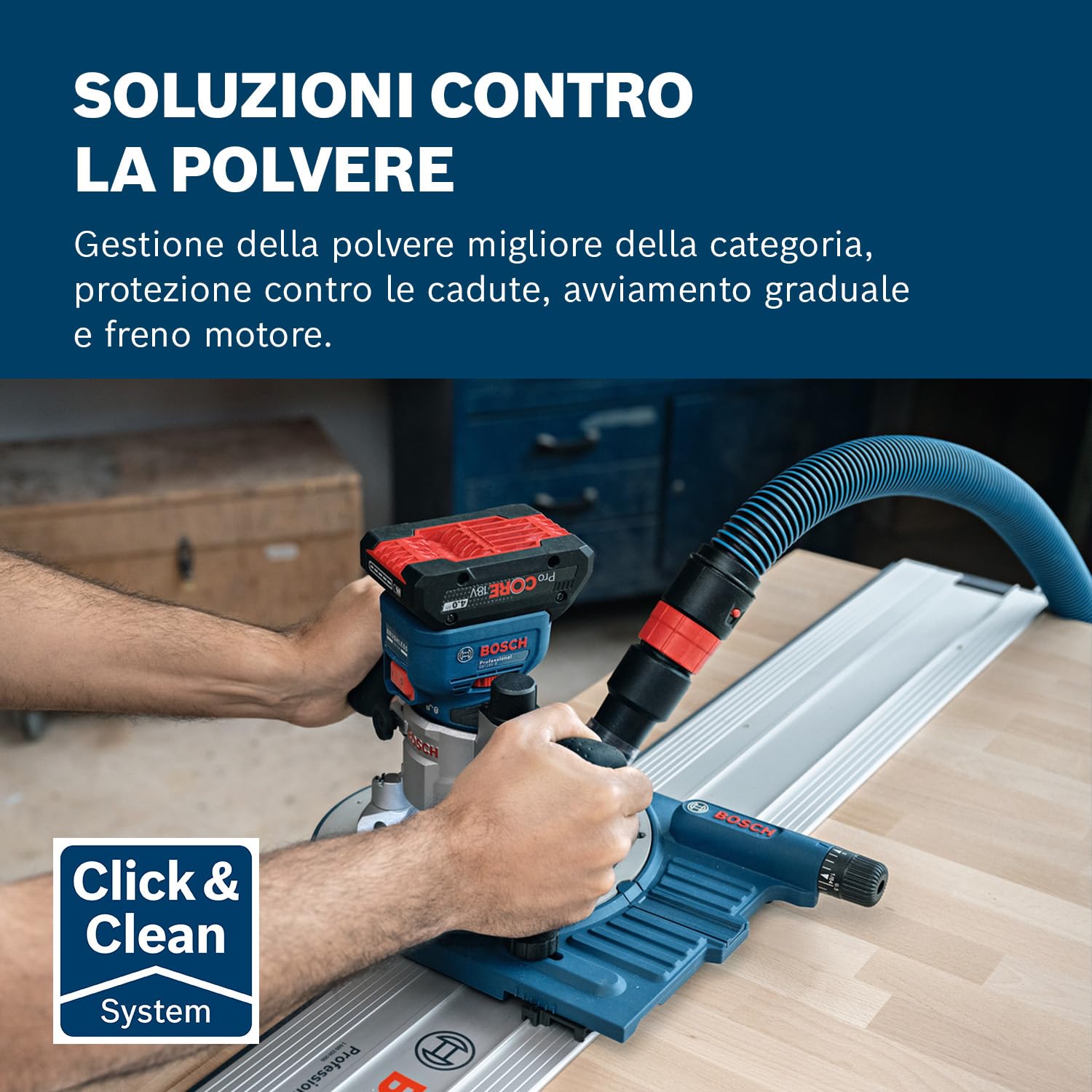 Bosch Professional 18V System Rifilatore a batteria GKF 18V-8 (incl. guida parallela, 2 adattatori aspiratore rifilatura, protez. trucioli, pinza 8 mm, chiave, L-BOXX, senza batteria/caricabatteria)