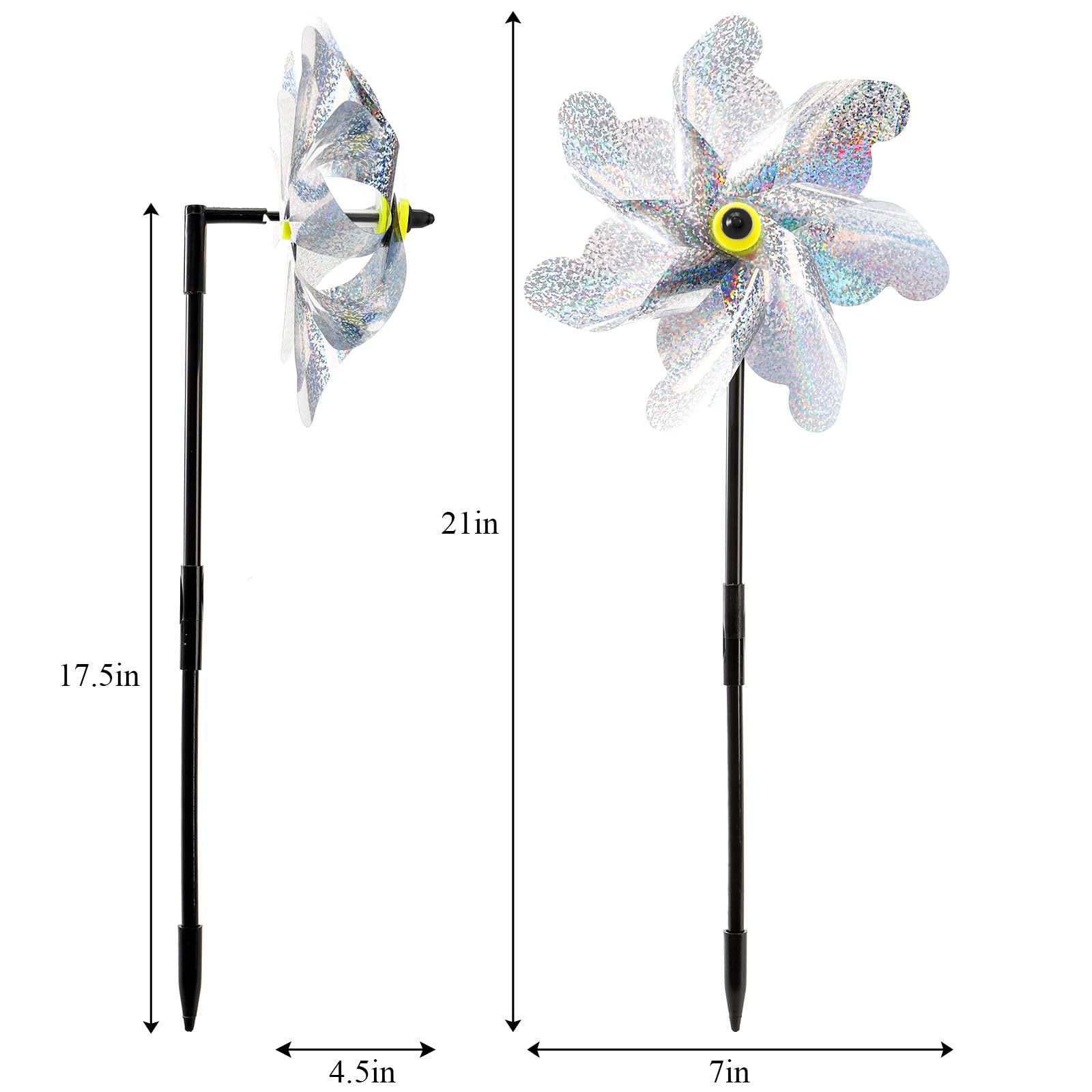 YOUEON 12 Pcs Reflective Pinwheels with Stakes, 21 Inch Extra Sparkly Garden Pinwheels Bird Deterrent, Silver Wind Pinwheels for Yard and Garden