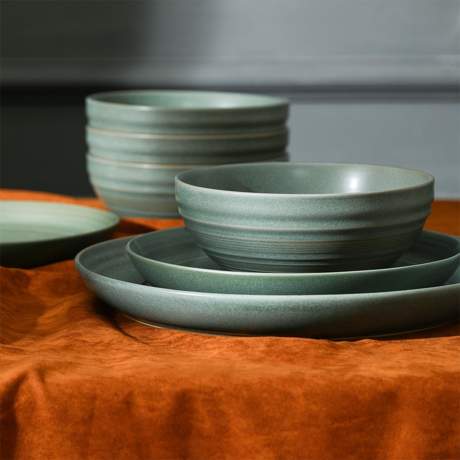 Stone Lain Elio 12-Piece Dinnerware Set Stoneware, Plates and Bowls Set, Dish Set for 4, Green