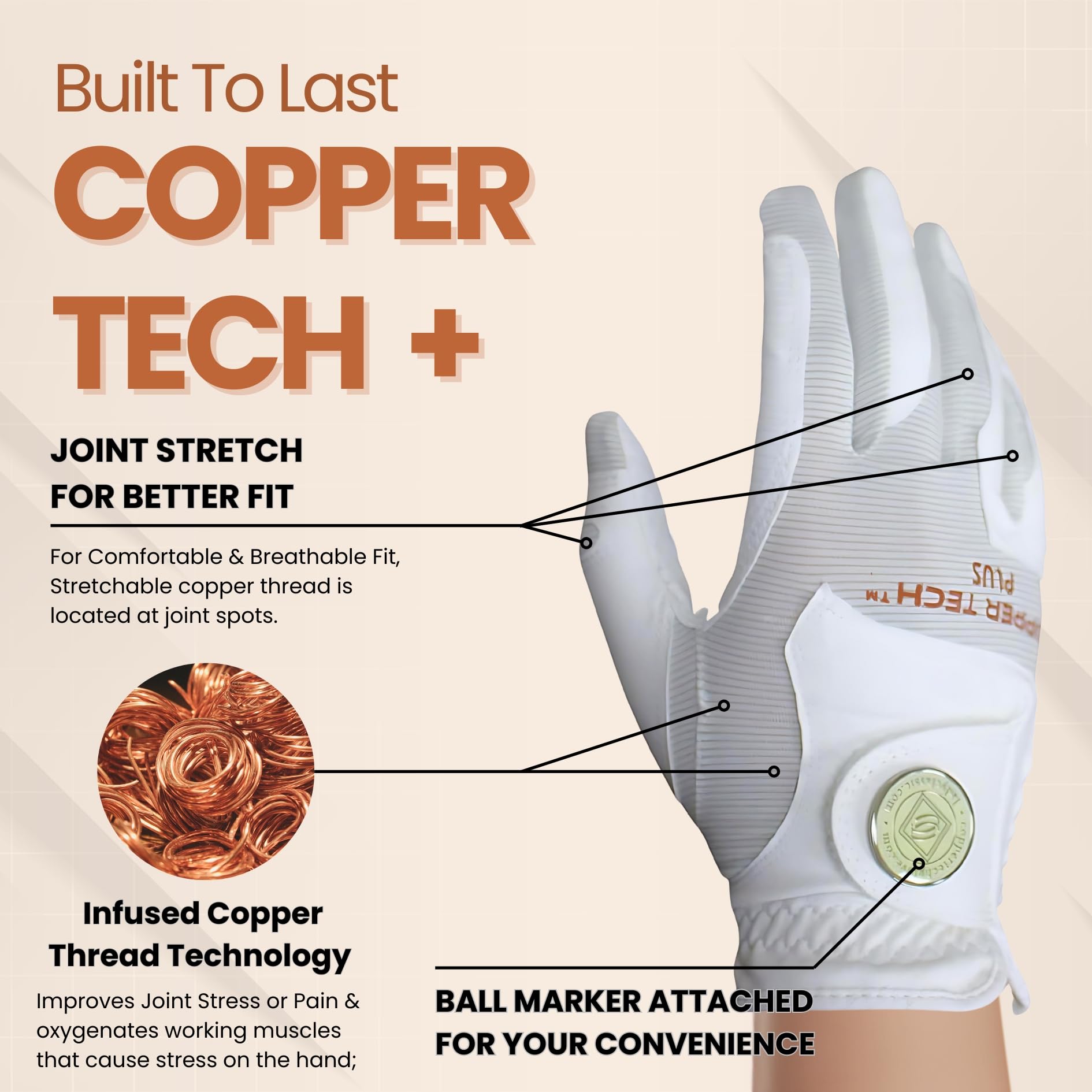Copper Tech Ladies Golf Glove Women (2nd Gen)| Copper Compression Wrist & Joint Support | Flexible & Comfortable Fit with Premium Leather Construction | Reinforced Palm Pad for Tacky Grip & Traction
