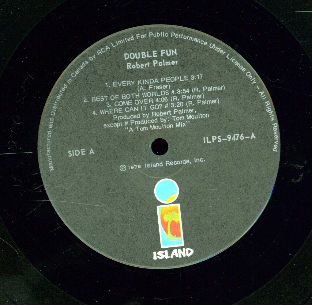 Close-up of a vinyl record label for Robert Palmer's Double Fun, showing tracklist and Island Records logo.