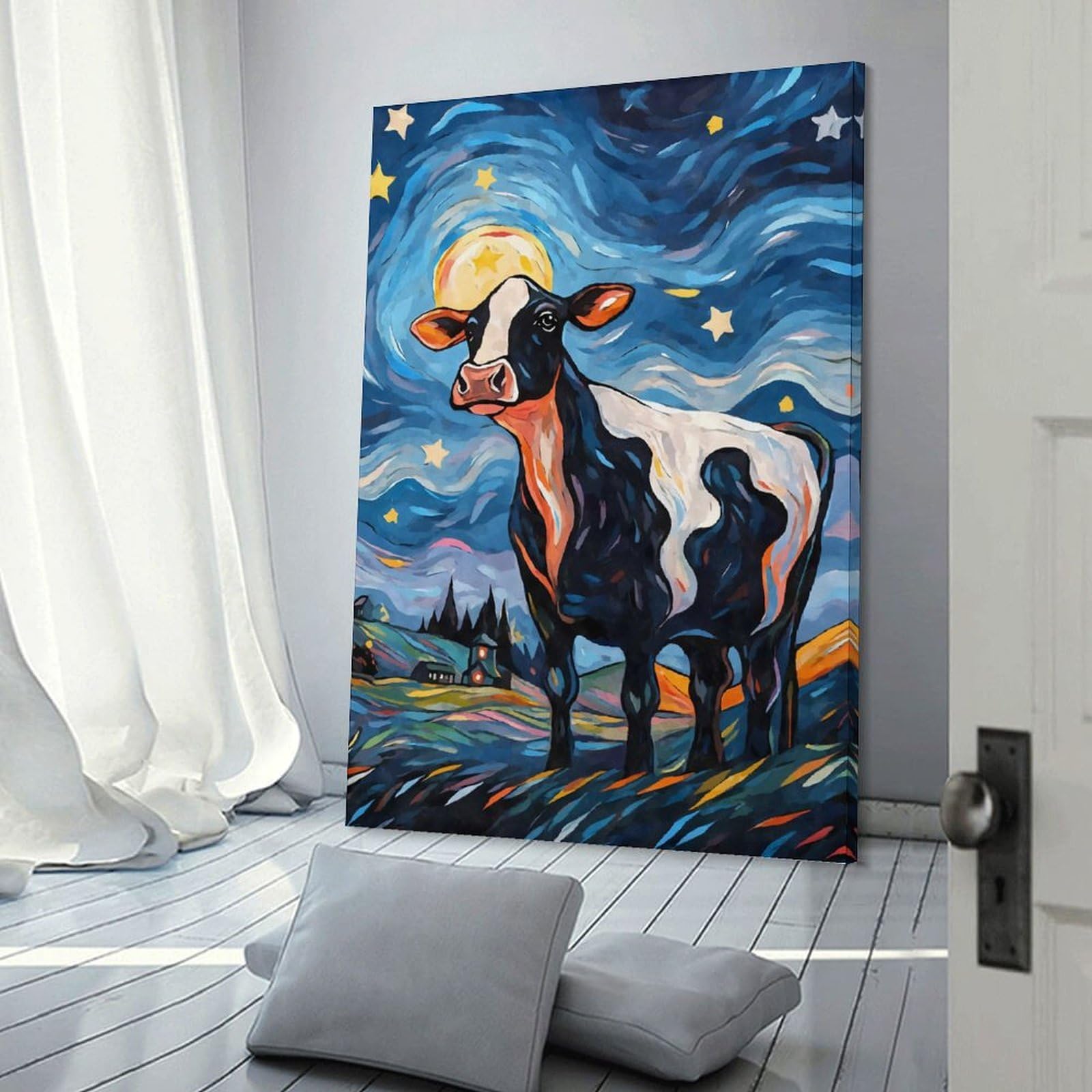 Junmoney Frame-Style-24 Hanging Wall Art Cow Starry Night, 24X36inch(60X90cm), For Entryway, Lounge Links Or Small Walls, A Neat Decor Update For Hallways