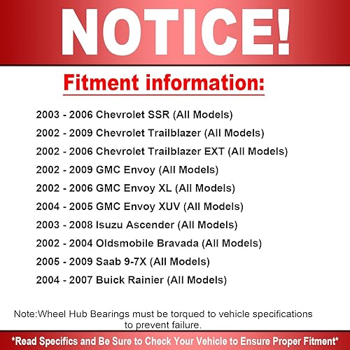 Miniatura 2 de MotorbyMotor 513188 Cojinete de rueda delantera y conjunto de cubo de 6 lengüetas con ABS para Chevy Trailblazer SSR, GMC Envoy, Buick Rainier,