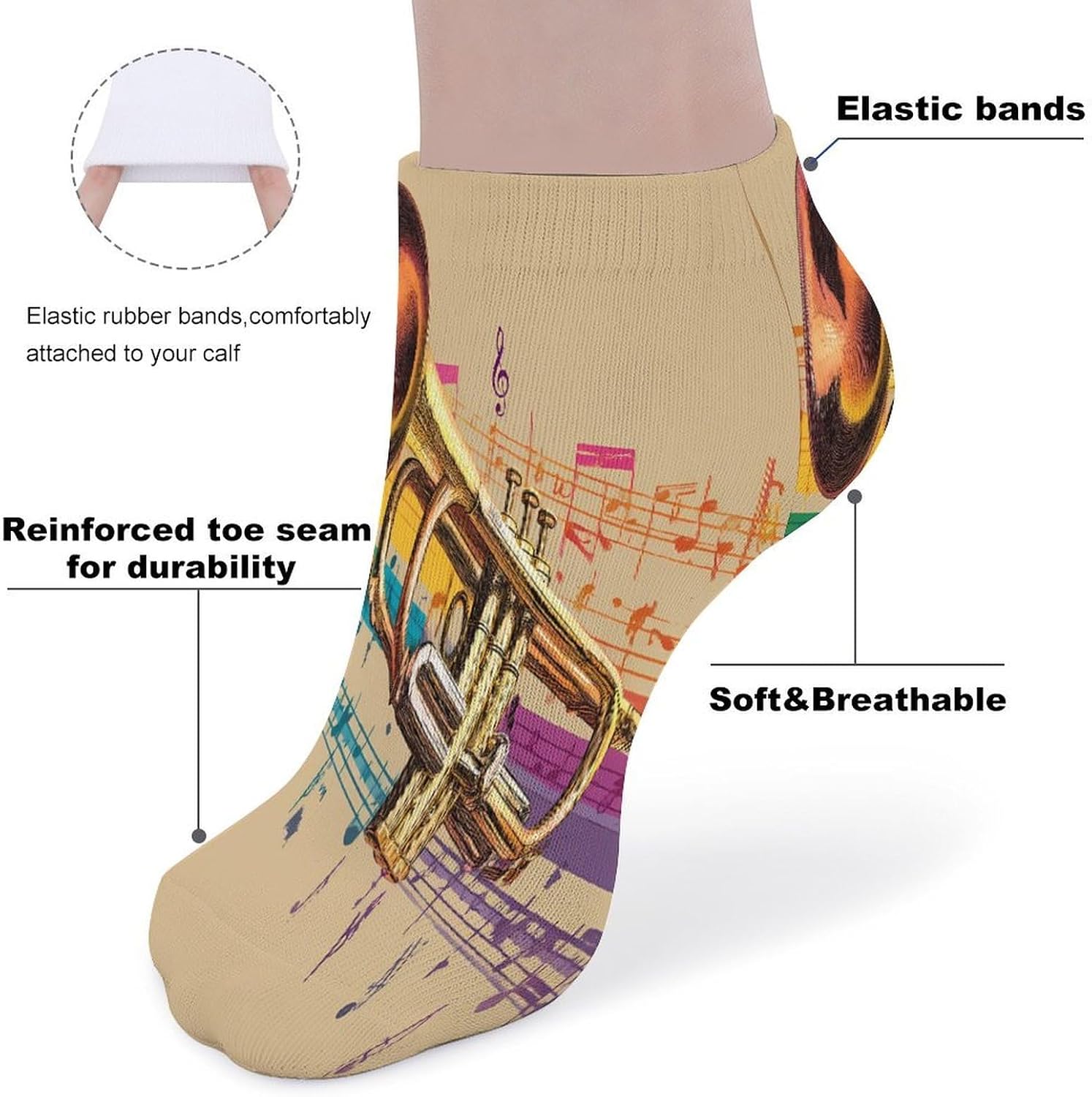 Colorful Trumpet Musical Instrument Socks for Men Women 5 Pairs Ankle Socks