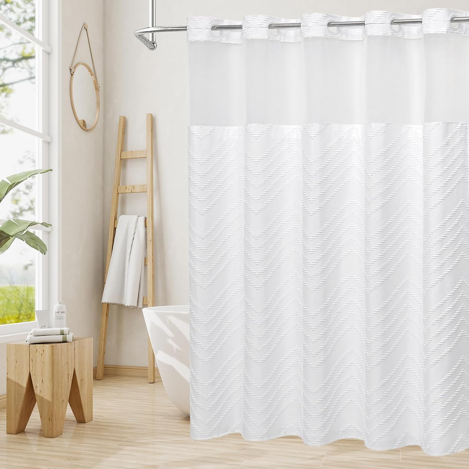 No Hooks Boho White Shower Curtain Set with Snap-in Liner, Farmhouse Woven Fabric Tufted Chevron Striped Textured Shower Curtain, Modern Style with See Through Window 72 x 74