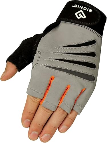 BIONIC Guantes sin dedos de entrenamiento cruzado para hombre con tecnología de ajuste natural, grisnaranja (par)