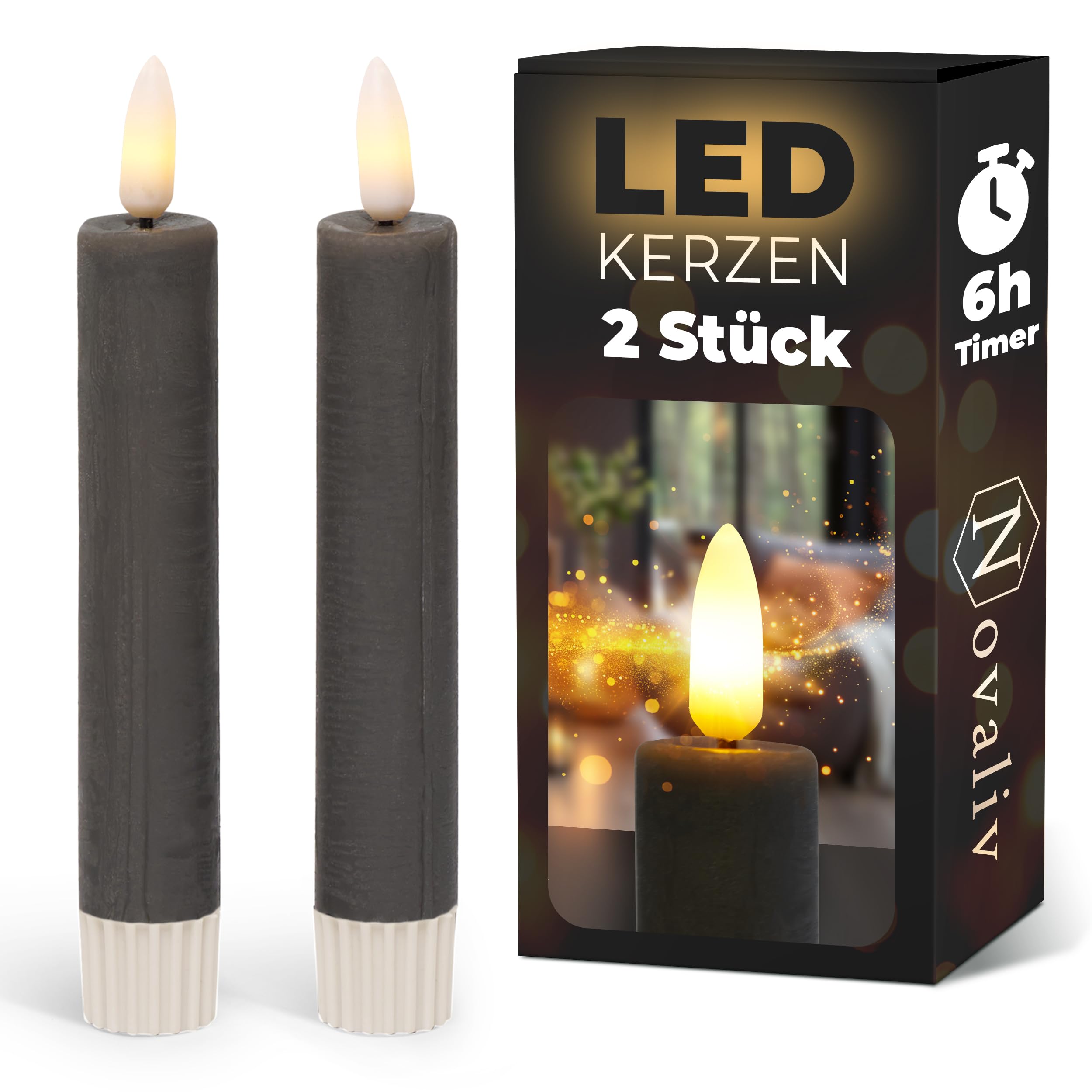 Stabkerzen LED mit Timer GRAU 2er indoor mit Timer Funktion 6 Stunden ECHTWACHS 15cm Höhe für Kerzen 2,2cm Durchmesser 2 AAA Batterien notwendig LED Stabkerzen flackernde Flamme bewegliche Flamme Beleuchtung