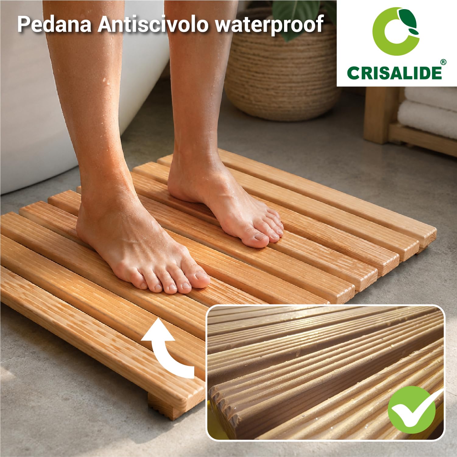 Crisalide® - Pedana Doccia Larice LUXE 60 x 60 cm, in Legno Massello Waterproof, Antiscivolo con Doghe Drenanti e Piedini, Ideale per Piatto Doccia 80 x 80 cm