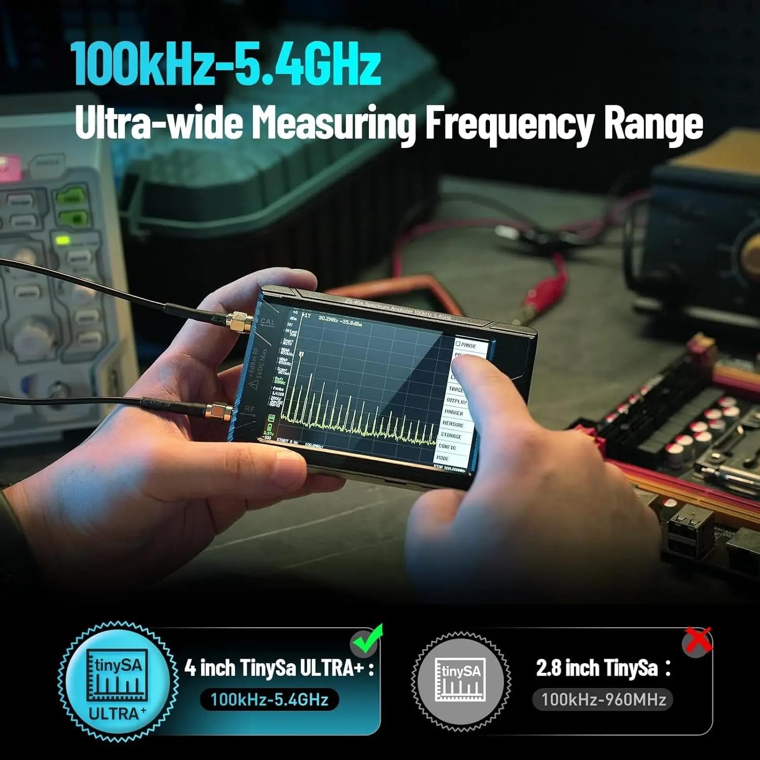 TinySA - Analizzatore di frequenza portatile Ultra+, ZS406, 4,0 pollici, 100 kHz-5,4 GHz, con scheda da 32 GB, HW V0.4.6, generatore di segnale 2 in 1, ingresso MF/HF/VHF UHF, aggiornamento 2025