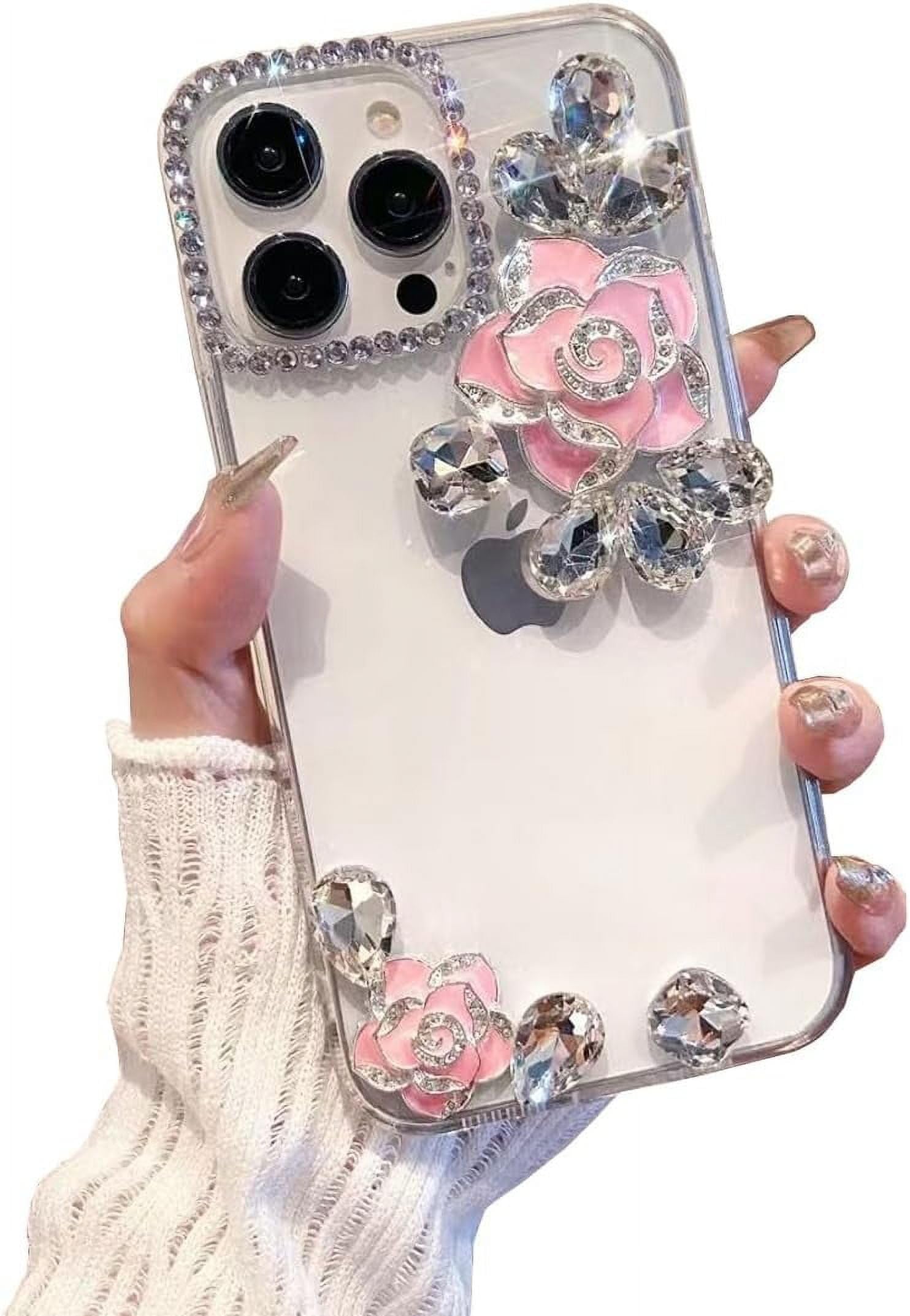 [P-G-T] 3D Bling Crystal Diamond Camellia Flower Rhinestone Luxury Glitter Transparent TPU Protective Case for [iPhone15, 15Plus, 15Pro, 15P.Max] Your Selection is (Pink, iPhone 15 Pro Max)