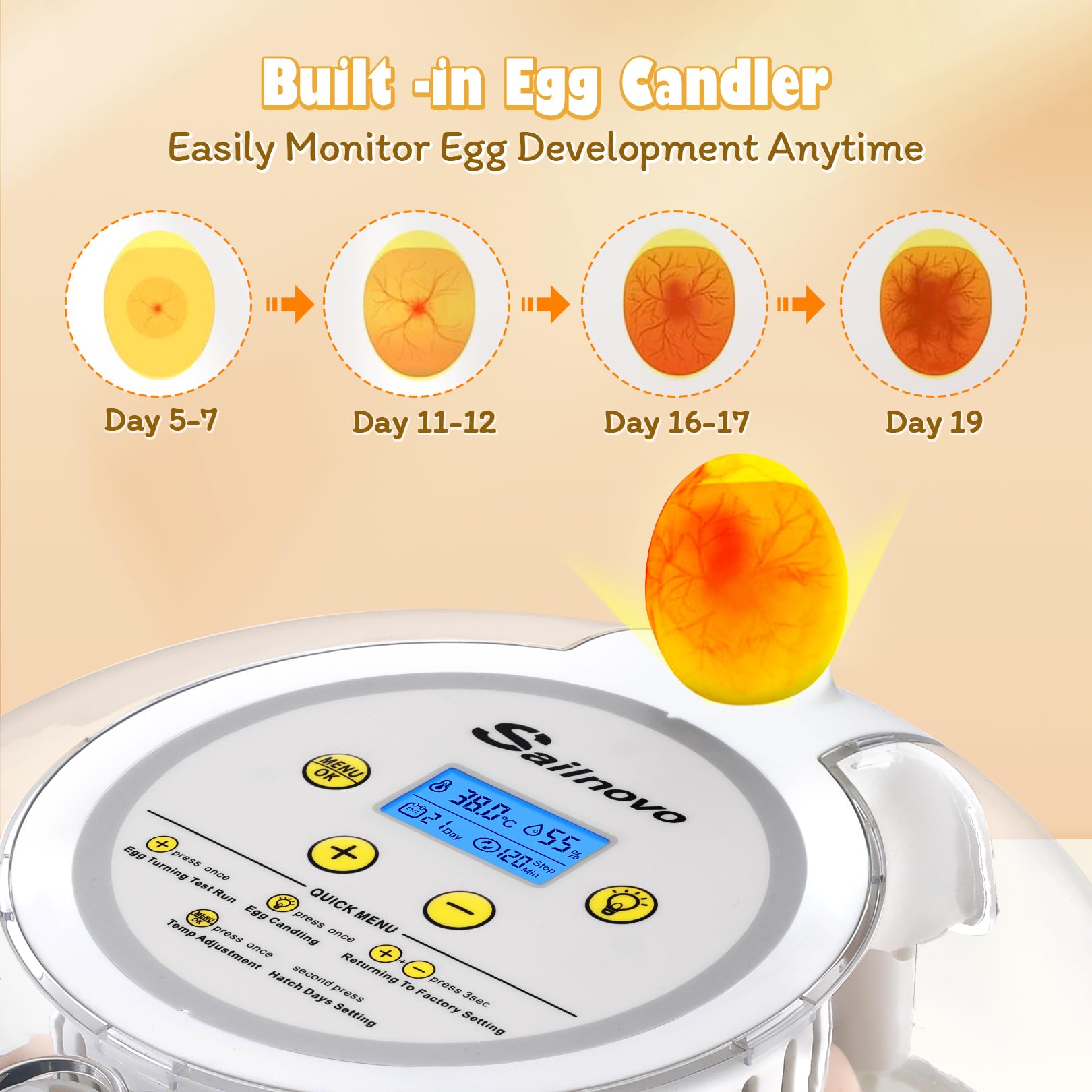 Sailnovo Incubadora Automática para 18 Huevos, Control de Temperatura y Automático de Humedad,Días de Eclosión,Rotación y Parada Automáticas, Vela de Huevo – Vista de 360° Incubadora (Amarillo)