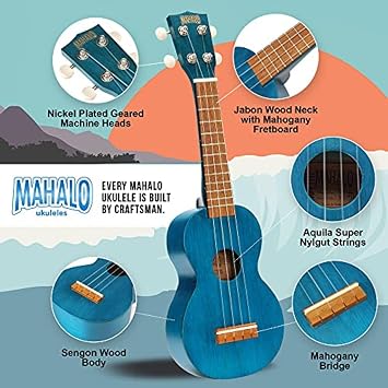 Mahalo Ukuleles MK1TBU Kahiko Series Soprano Ukulele,Transparent Blue
