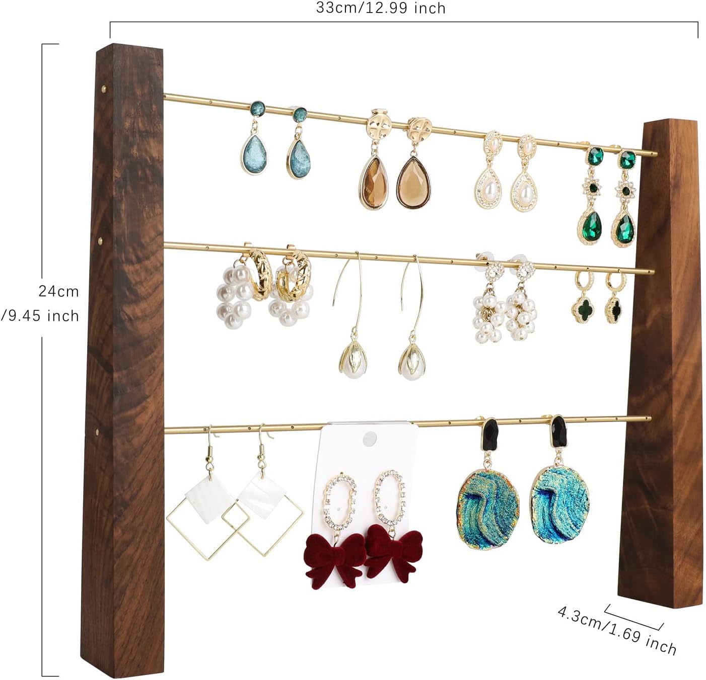 3 Tiers Walnut Earring display stands for selling, Wooden Jewelry Shelf, Earring Storage Organizer, Brass earring holders with 42 holes for stud Dangle Hoop【Walnut 3-Tier Height 9.45"】 image 4