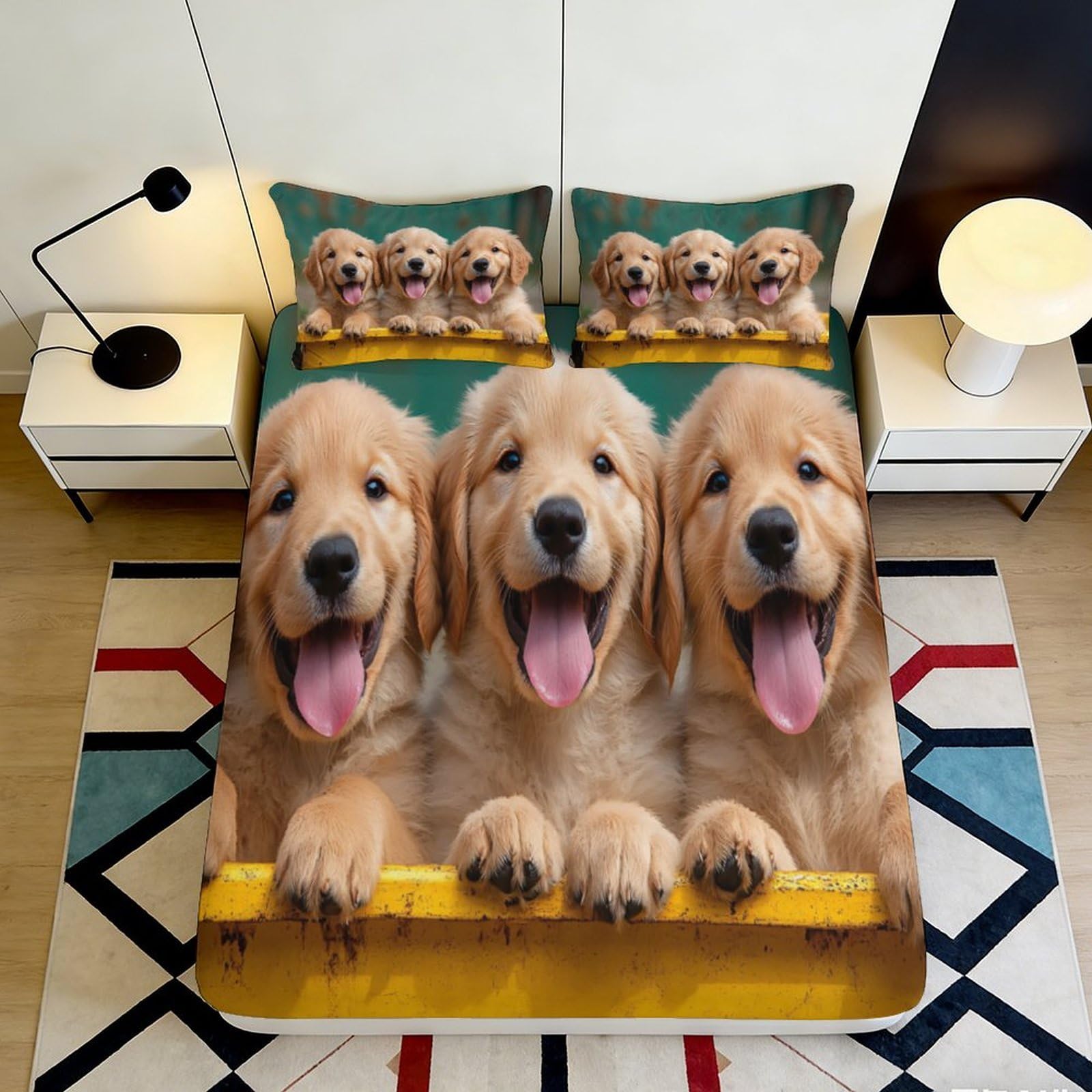 3D Printed Golden Retriever Puppy Fitted Sheet Microfiber Soft Bed Cover for Bedroom Dorm Mattress Protection Decorative 90x200x25cm