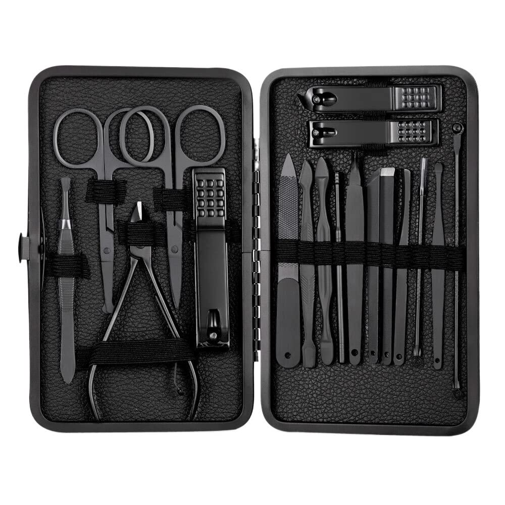 Coupe-ongles kit 18 pièces noir en acier inoxydable pour manucure et pédicure