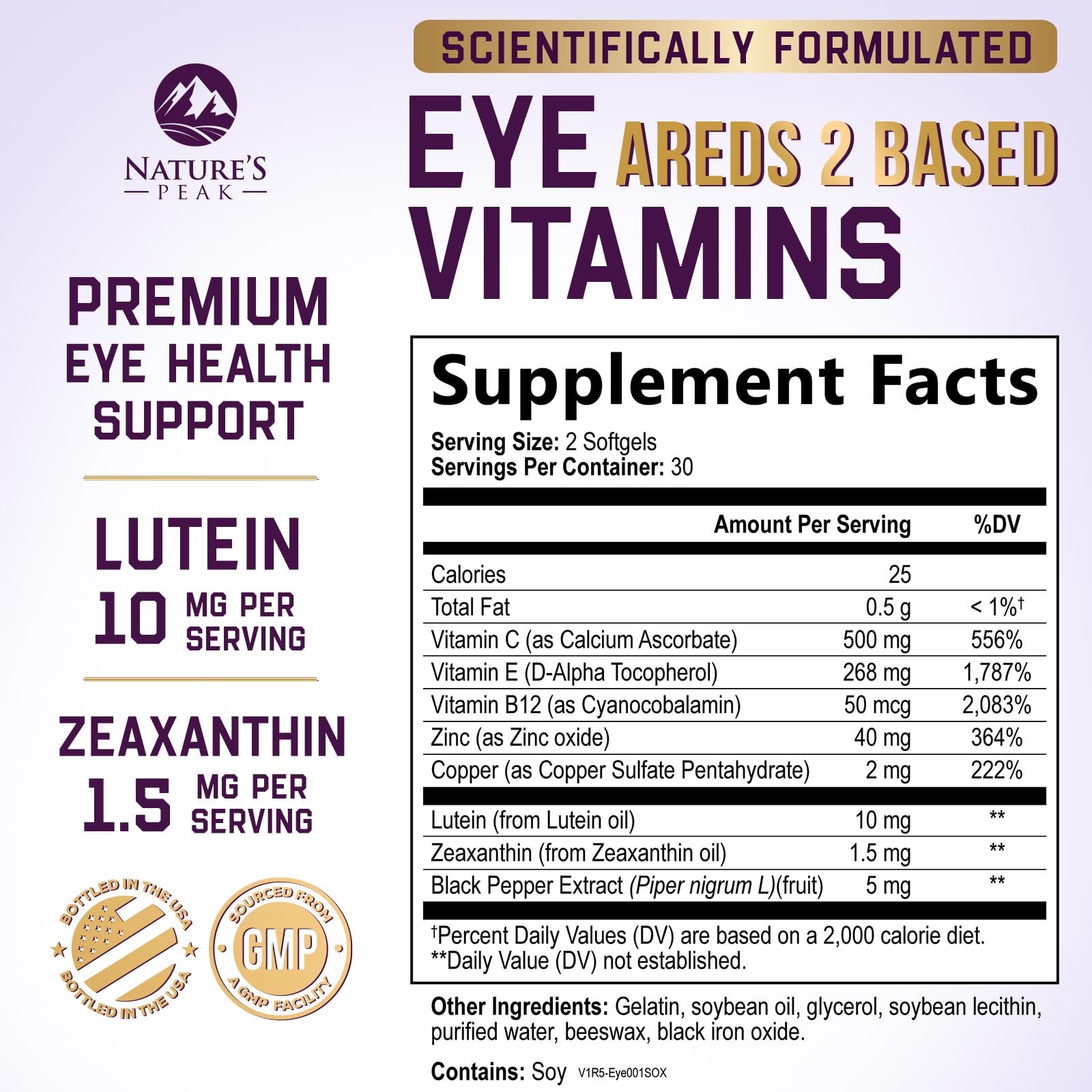 Eye Vitamins Supplements - 3x Strength Eye Health Vitamin with Lutein and Zeaxanthin - Natural Vision Macular Health Eye Support With Zinc, Vitamins C E & Minerals, Bottled in USA - 60 Capsules — Amazon image 2