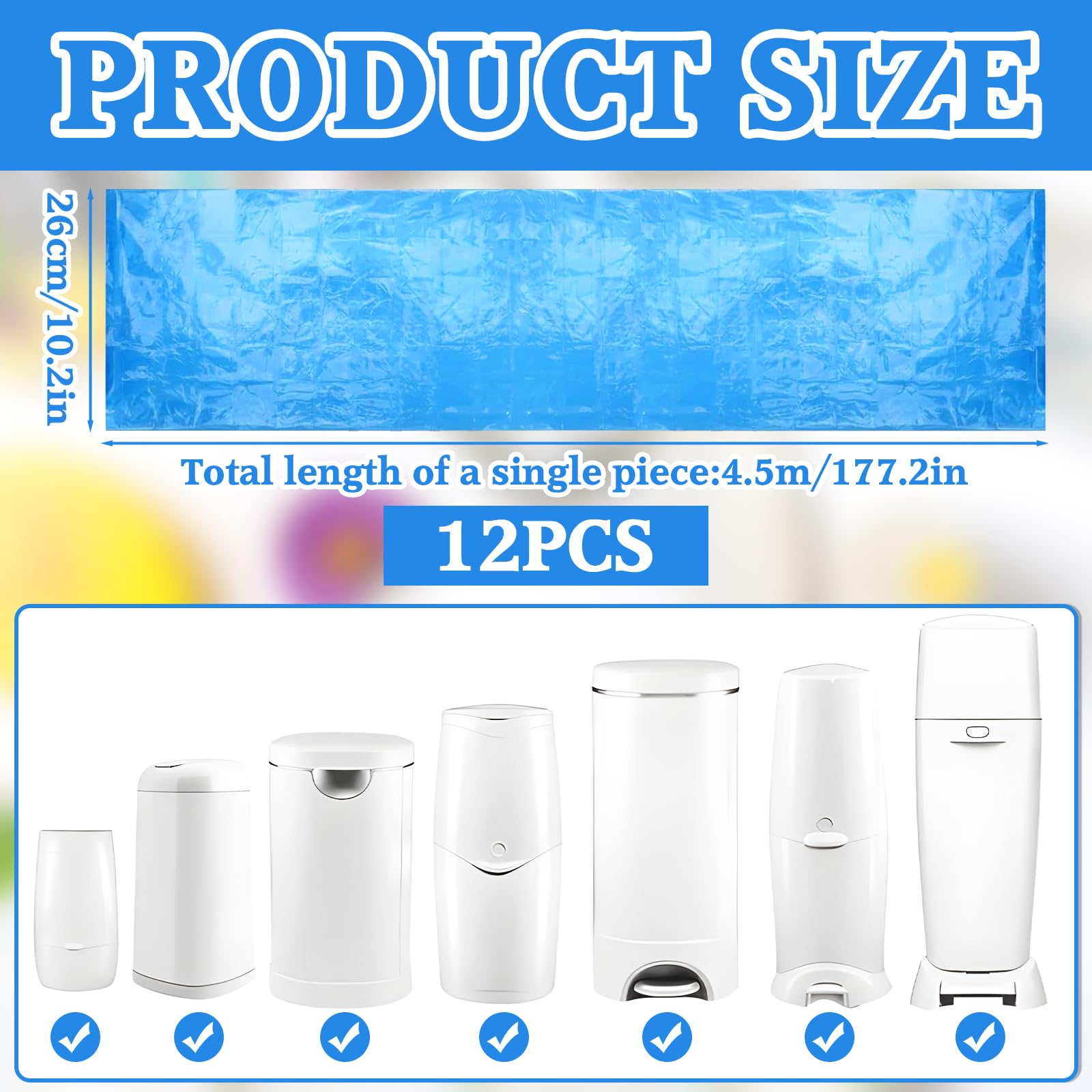 12 Pièces Recharge Poubelle a Couche 4,5m, Sac Poubelle Couche Grande Capacité l'environnement, Résistant à la Déchirure, Antibactérien, Anti-odeurs,Compatible avec tous les types de recharges