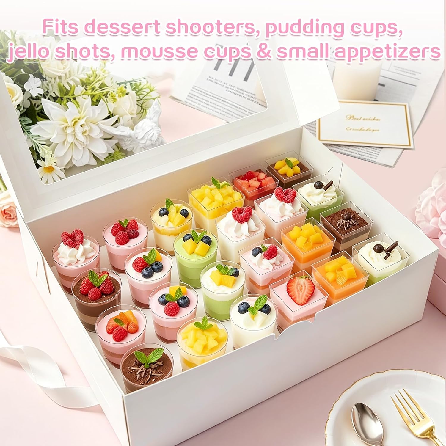 8 Pack Dessert Shooter Boxes for 24 Count 3 oz Dessert Shooters, Food Safe Pudding Cups Carrier Storage Containers with Window and Inserts for Events, Weddings & Home Use