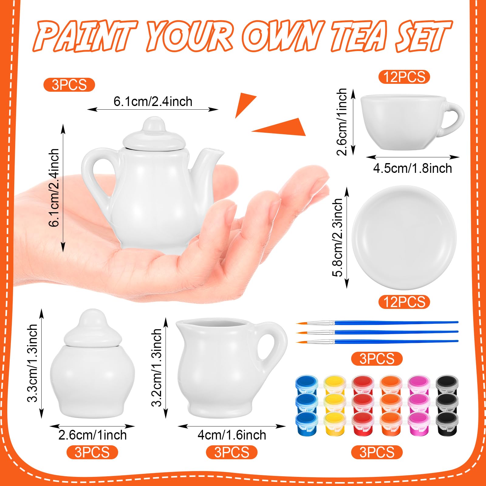 PullCrease 45 Pcs Spring Paint Your Own Tea Kit Craft DIY Tea Kit for Kids Ages 8+ Mini Ceramic Tea Cups to Paint Including Porcelain Dishes Brush for Party Girls Boys Set(Cute Style)