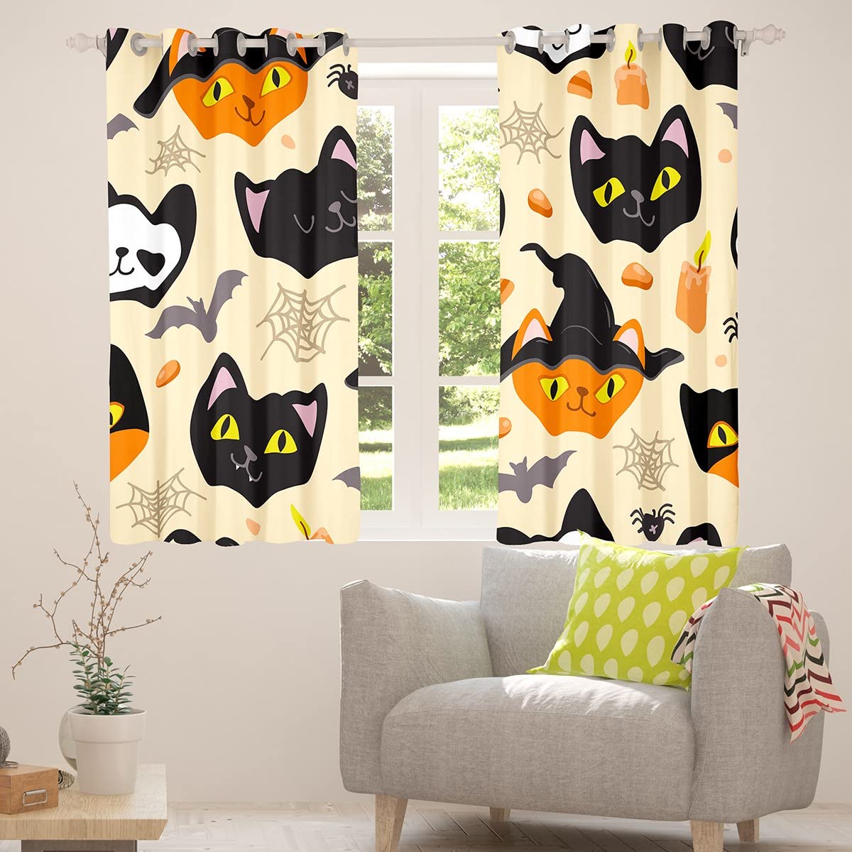 Zasłony na Halloween do sypialni salonu urocza dynia czarne koty zaciemnienie sosy Halloween motyw kołdra pokrowiec zestaw cukierek lub psikus pająk dekoracje okienne szer. 46 x dł. 54
