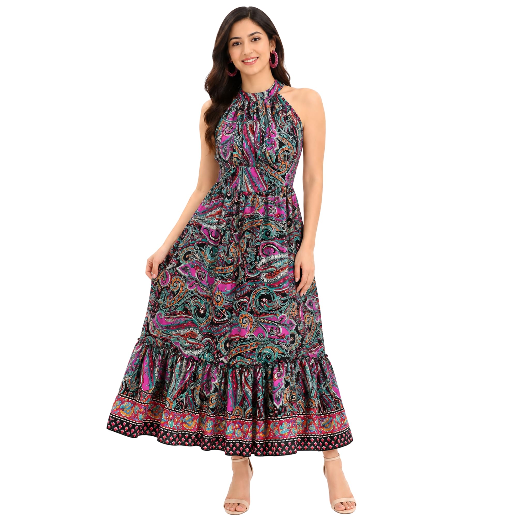 VESTORA'S Women's Kasturi Silk Printed Long Maxi Dress | Halter Neck Sleeveless Flared Dress | Elegant Everyday Wear-picture-36