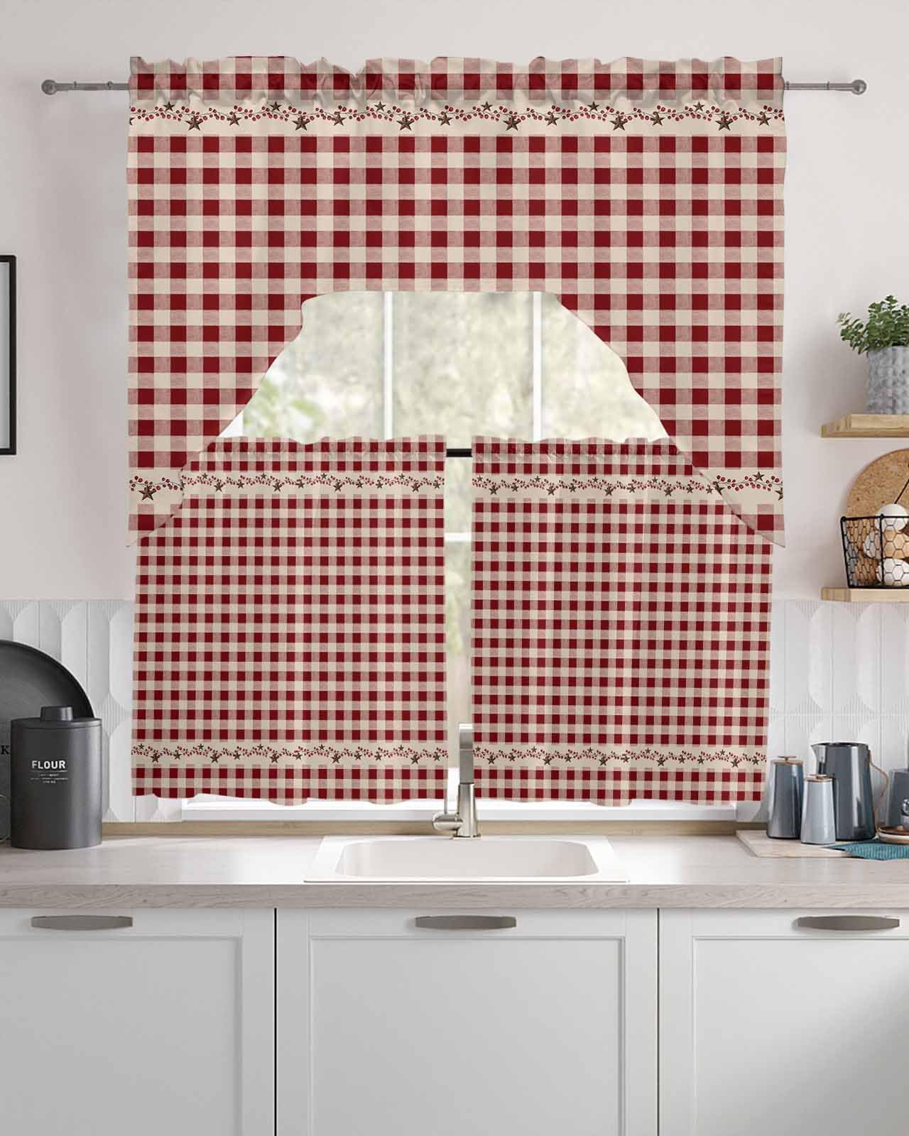 Country Star Plaid Swag Kitchen Curtains Valance and Tier Set 36 Inch Length, Retro Red American Farm Barn Berry Rod Pocket Swag Curtains for Living Room Bedroom Bathroom Window Drapes 3 Piece