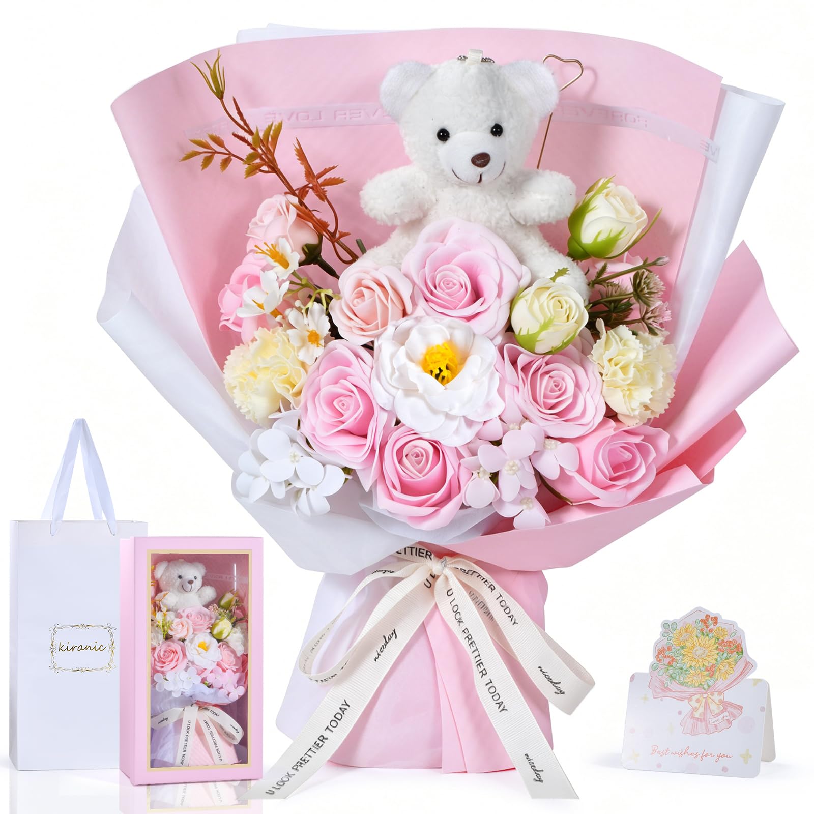 Amazon｜Kiranic ソープフラワー 花束 クマのぬいぐるみ付き 母の日