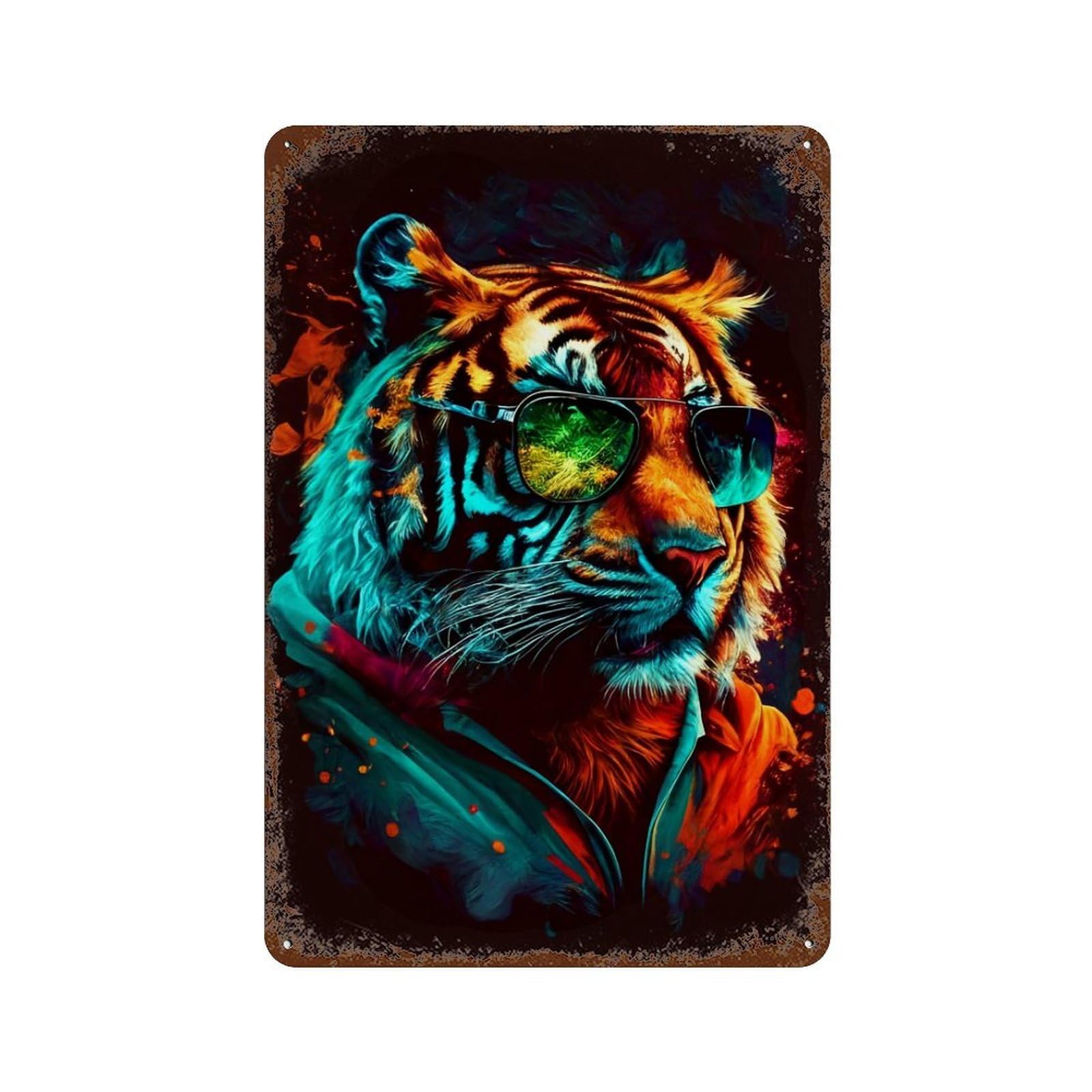 Trendy Tiger Sunglasses Art Print Distressed Metal Wall Sign 11.8"x7.9", Shabby Chic Decor for Garage, Pub Or Kitchen
