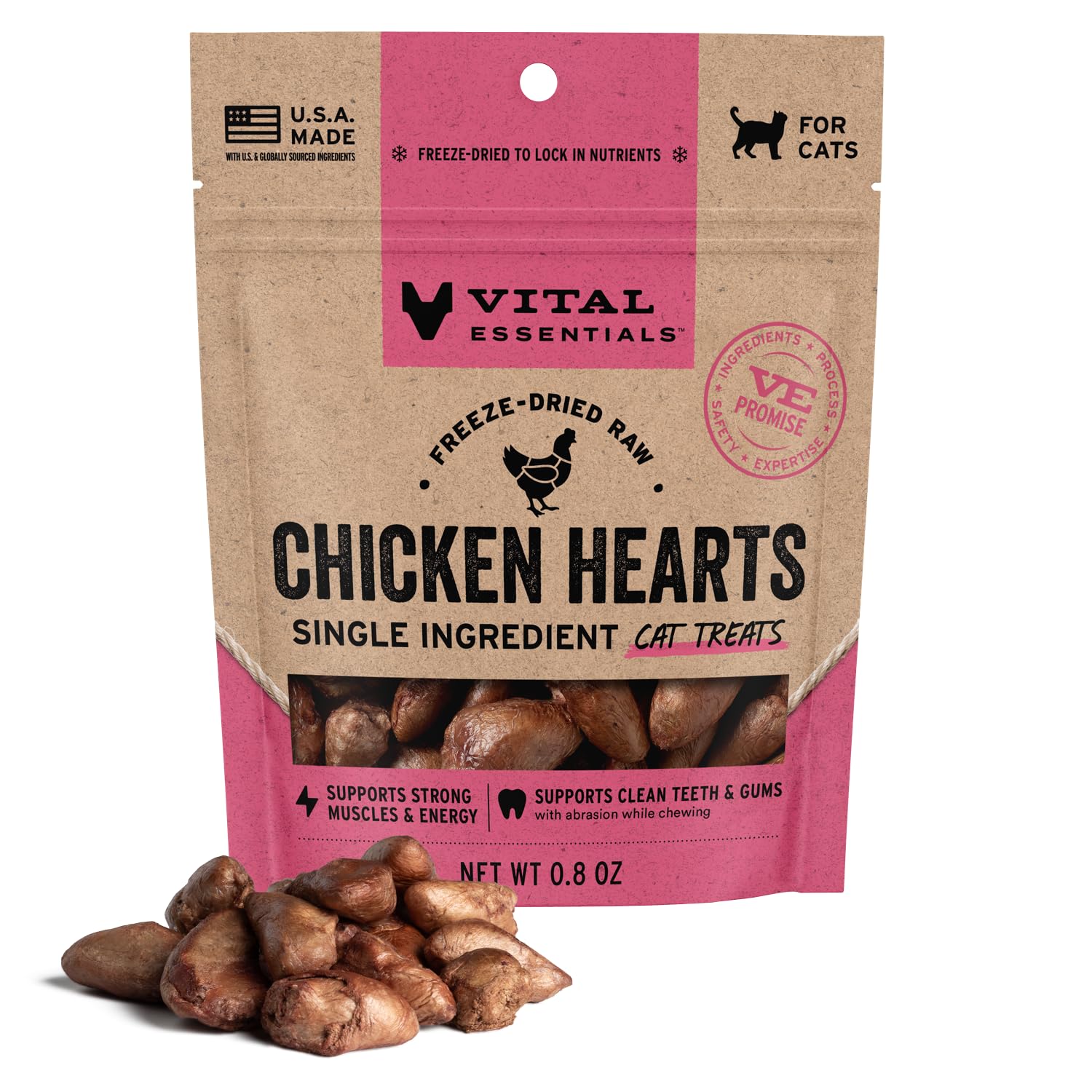 Vital Essentials Freeze Dried Raw Chicken Hearts Cat Treats, 0.8 oz Bag