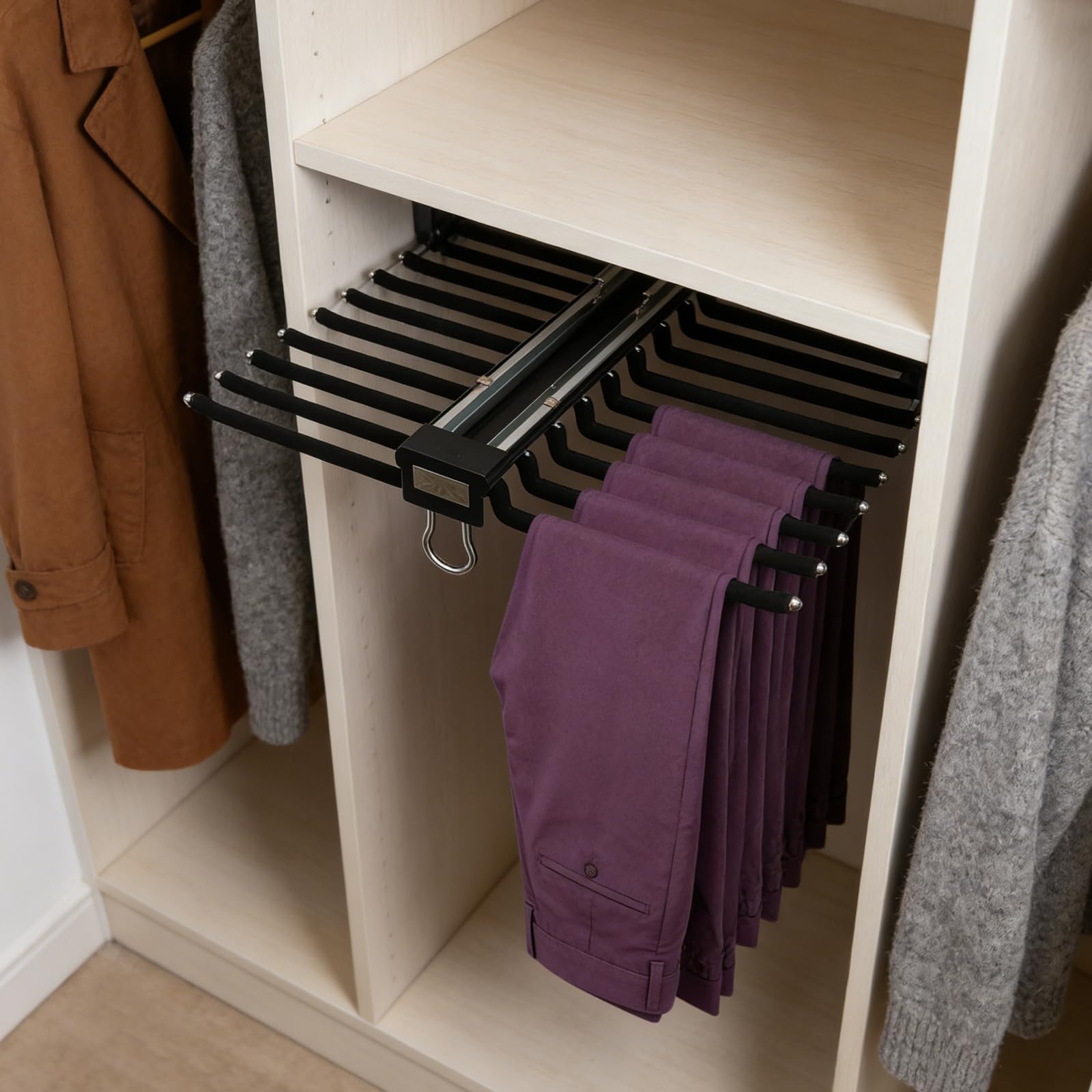 Percha para pantalones extensible, multifuncional con 22 brazos, extensión para pantalones, extensible, ahorra espacio, con capacidad de carga de 15 kg (negro)