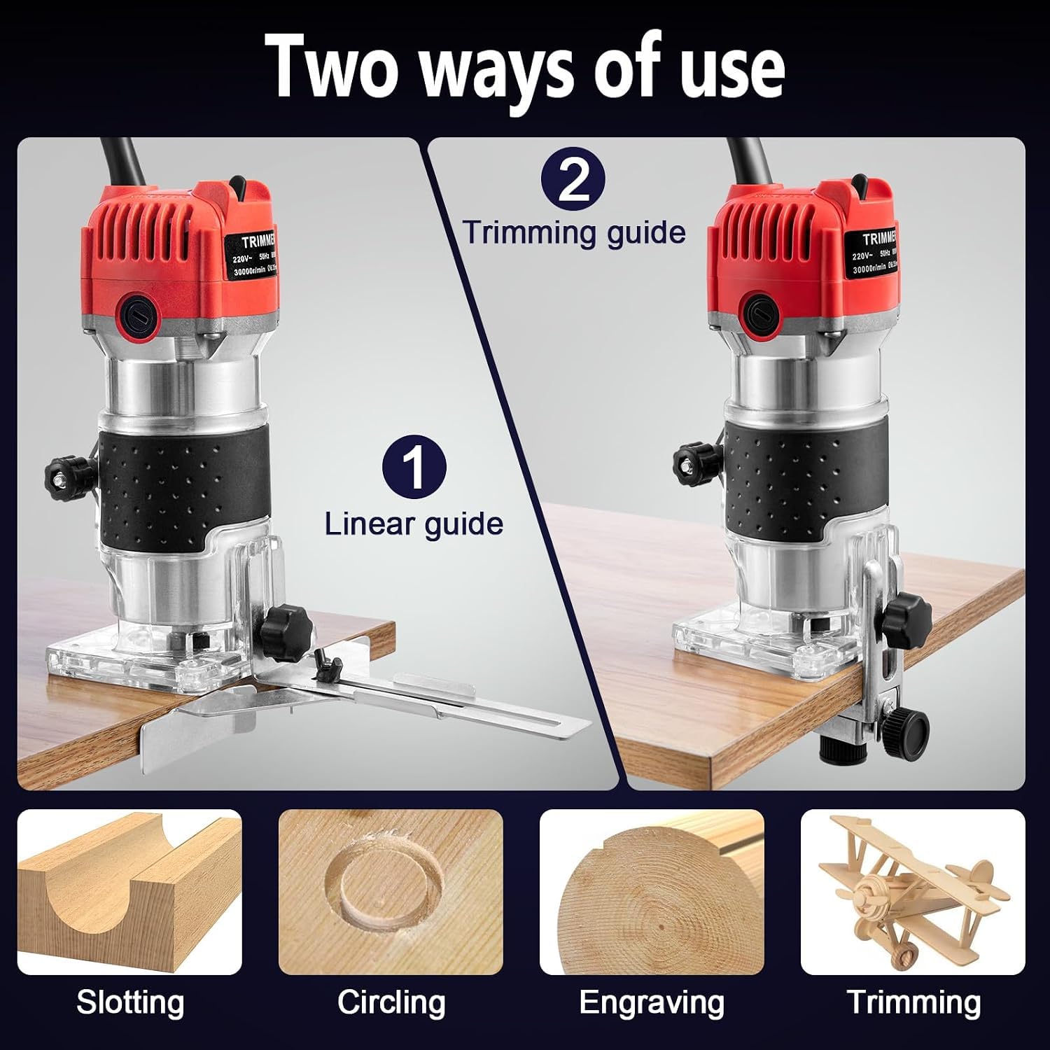 Défonceuse Palm Router 800W, Vitesse Variable 10000-33000 TR/Min, Fraise à Bois Compacte Électrique avec Mandrin 1/4" et Kit de Fraises de 15 Pièces pour Chant, Rainure, Chanfrein, Bricolage,Red