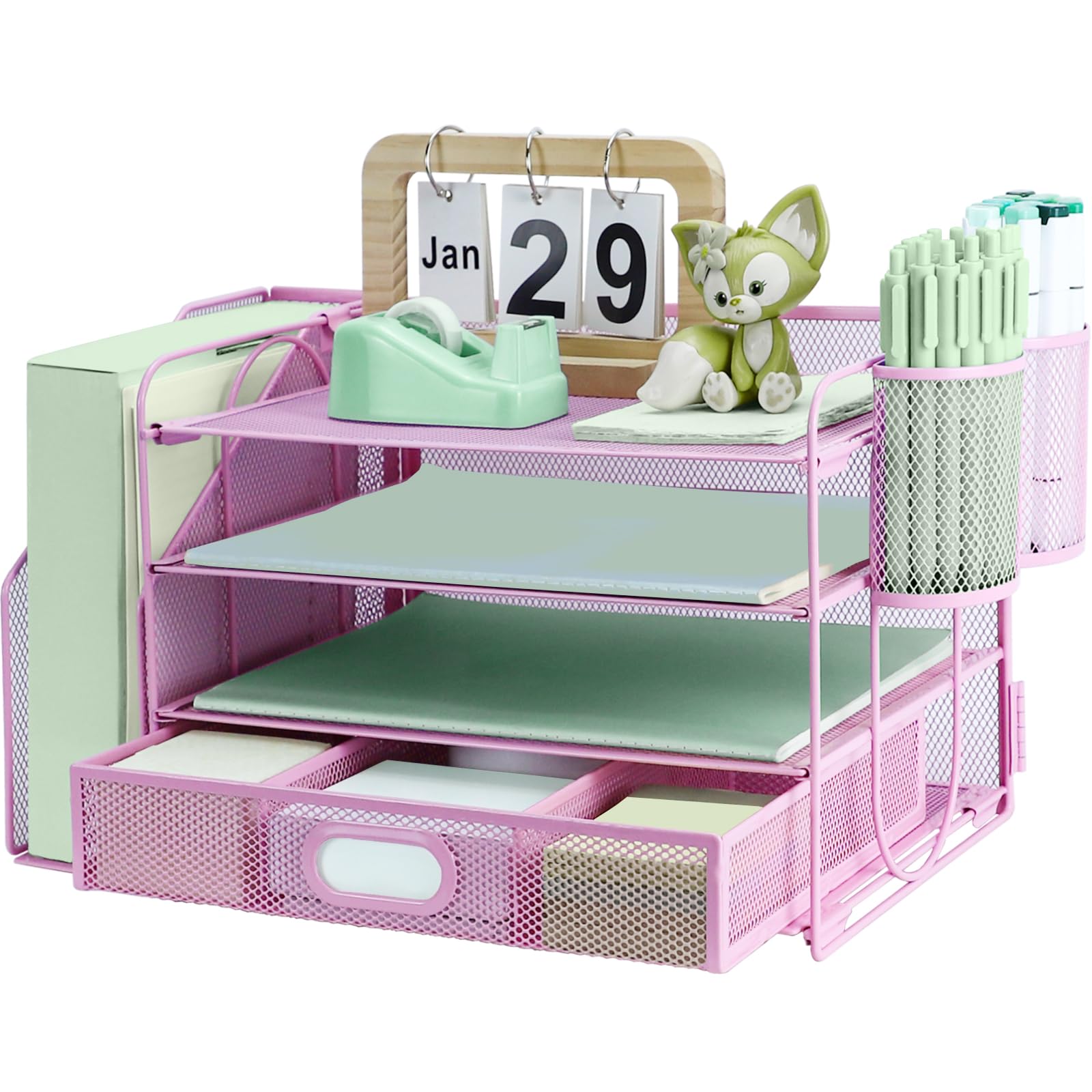 3 Tier Desk File Organiser with Extra Vertical File Sorter, Paper Letter Tray with Top Stationery Drawer Holder, A4 Paper Desktop Filing Trays, Magazine Document Holder for Home Office, Pink