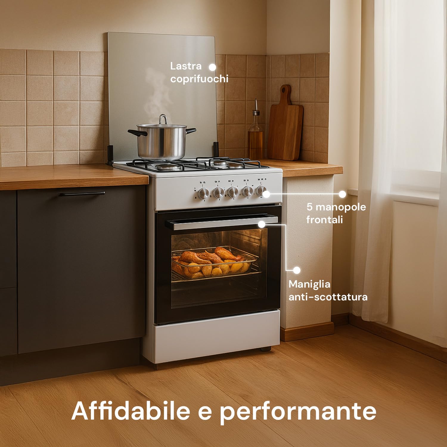 Forno a Gas con Forno Elettrico Integrato 4 Fuochi 51-55L 1100W 60x60x60cm Bianco
