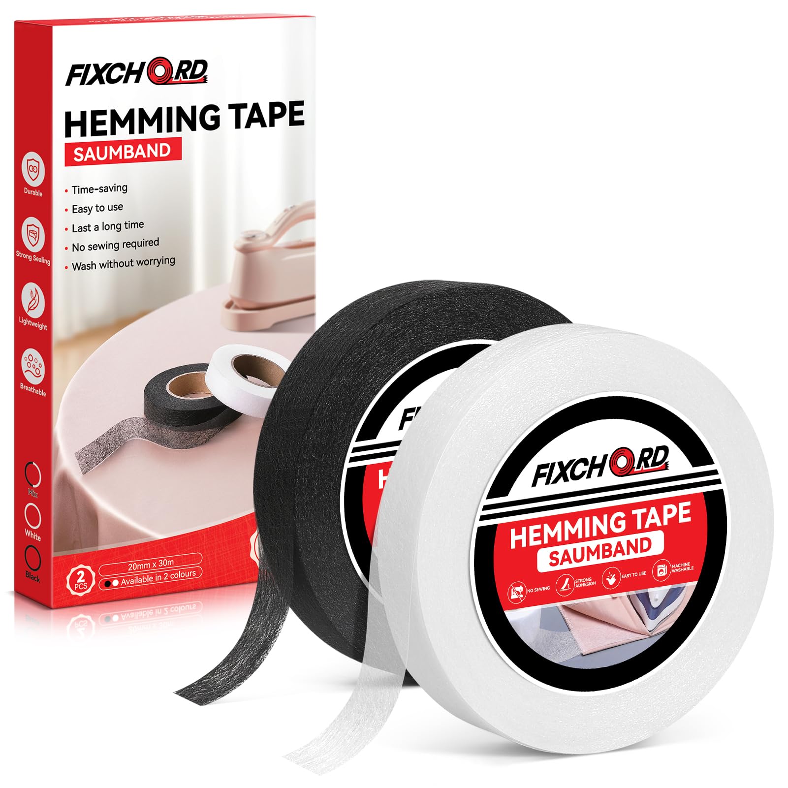 FIXCHORD Zoomband, 2 PCS Strijkband voor Strijken, Geen Naaien Strijkband, Strijk Zoomband, Extra Sterke Lijmbare Stoffen Zoomband voor Kleding, Gordijnen, Strijken en Hechten, Zwart en Wit, 30M*20MM