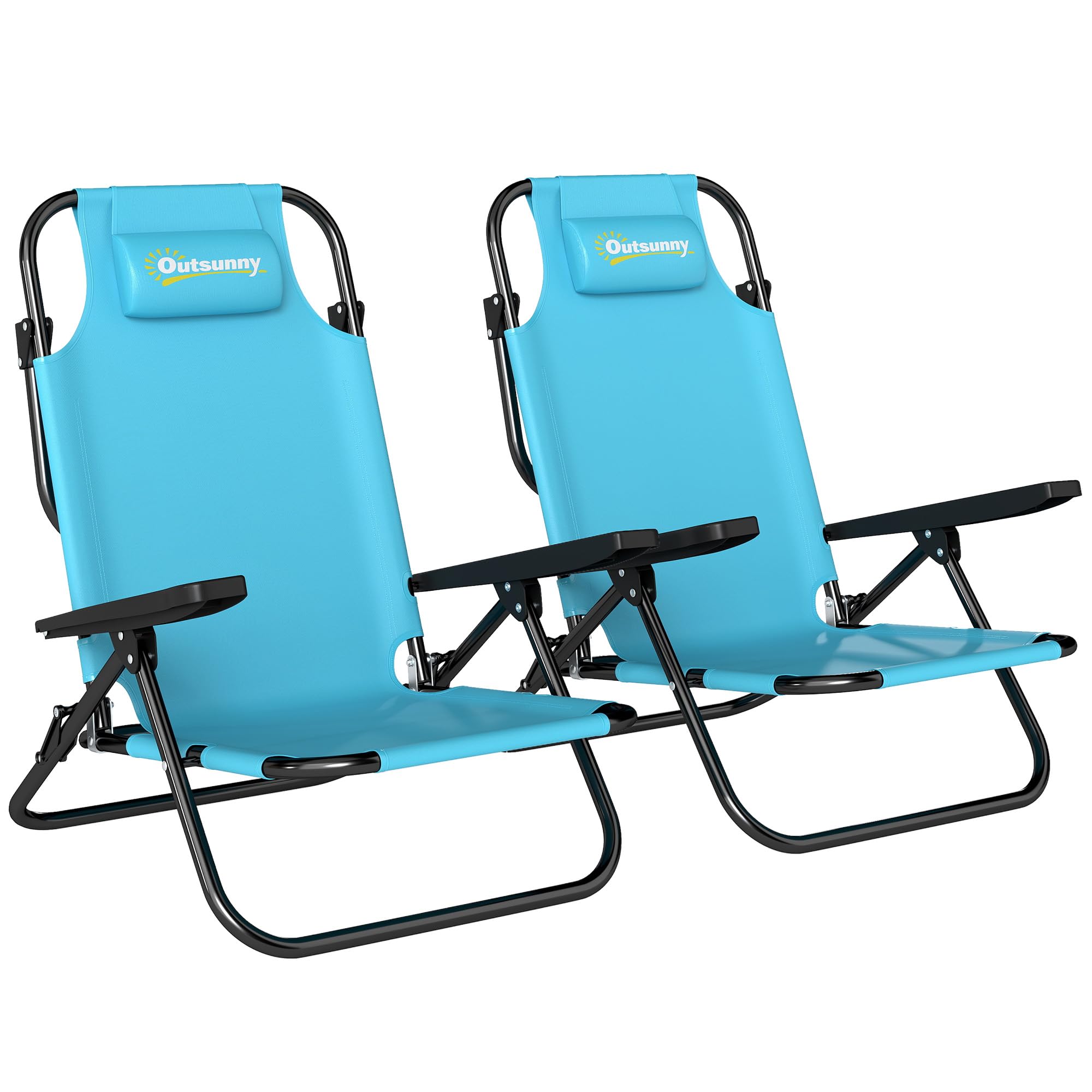 Outsunny Lot de 2 Chaises de Plage Pliable, Chaise Camping Pliante à 5 Positions avec Dossier, Appui-tête et Accoudoirs, pour Jardin Pique-Nique Festival Voyage, Bleu Clair