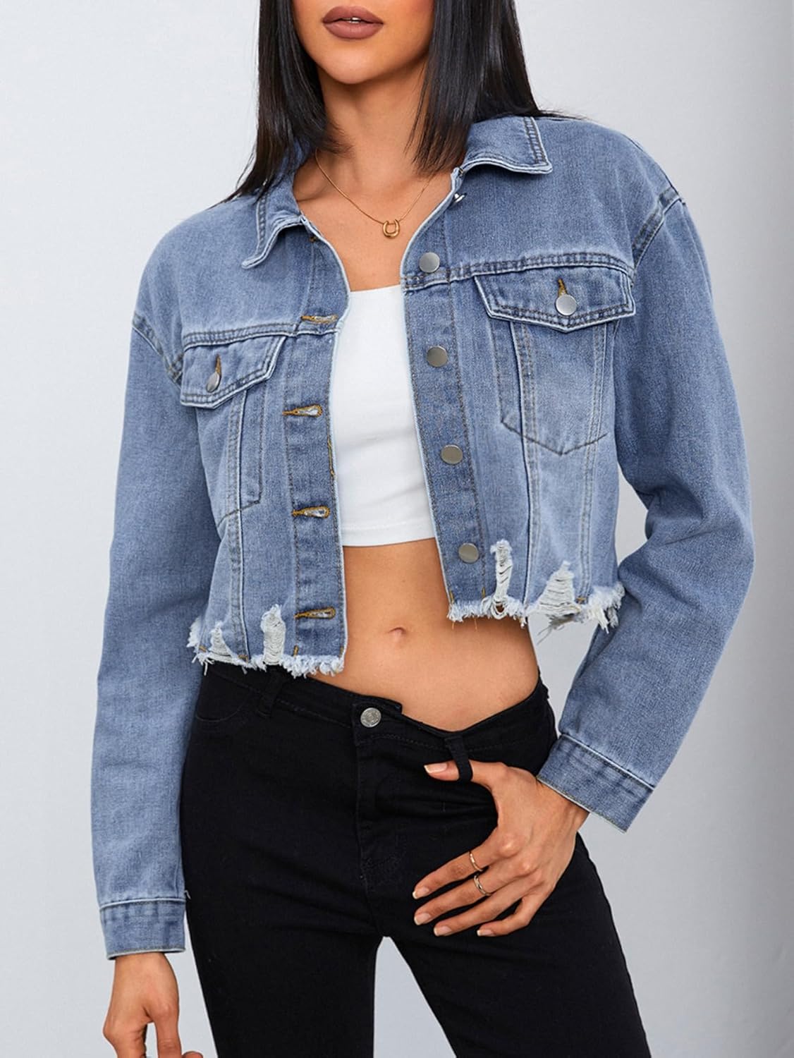 MakeMeChic Women's Crop Denim Jacket Casual Long Sleeve Ripped Frayed Hem Jean Jackets - Image 3