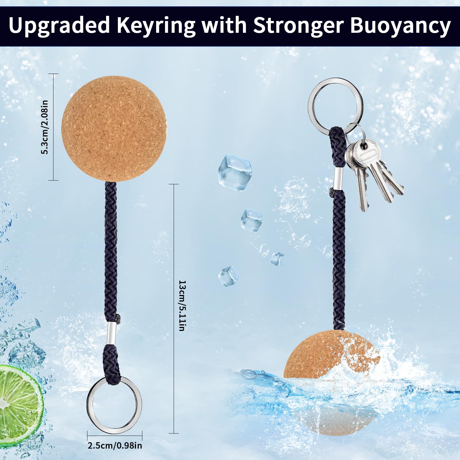 Pływający breloczek do kluczy, korek, kółko do kluczy, 53 mm, drewniana kulka, breloczek do kluczy, akcesoria do łodzi, sportów wodnych, pływania łodzią, żeglowania, kajaka, morskiego