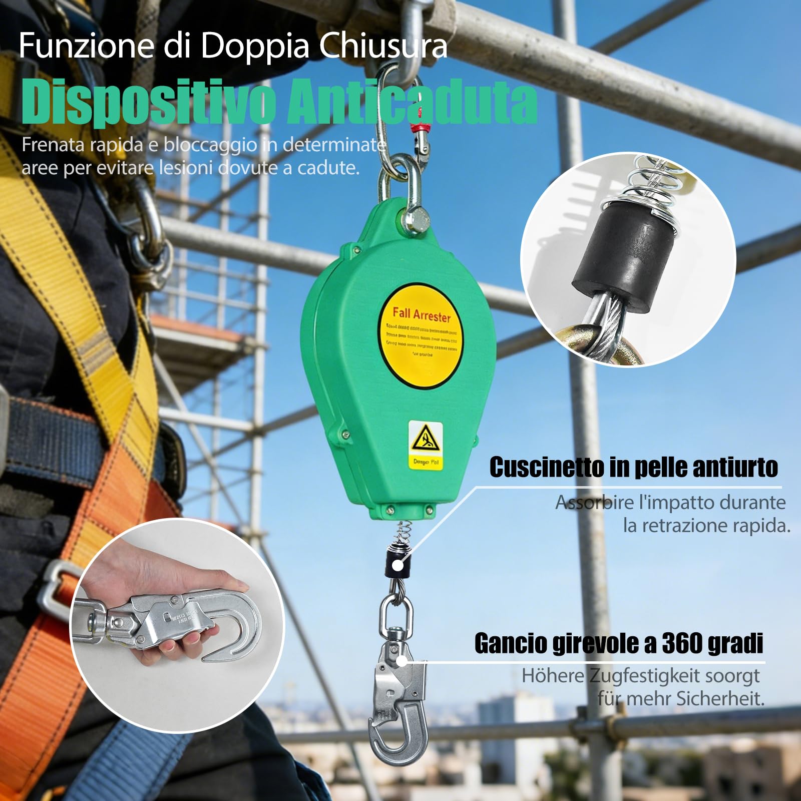 Dispositivo Anticaduta Retrattile, Imbracatura di Sicurezza Anticaduta, Dispositivi Sicurezza con Funzione di Blocco Automatico, Imbracatura Anticaduta per Lavori in Quota(Verde,10m)