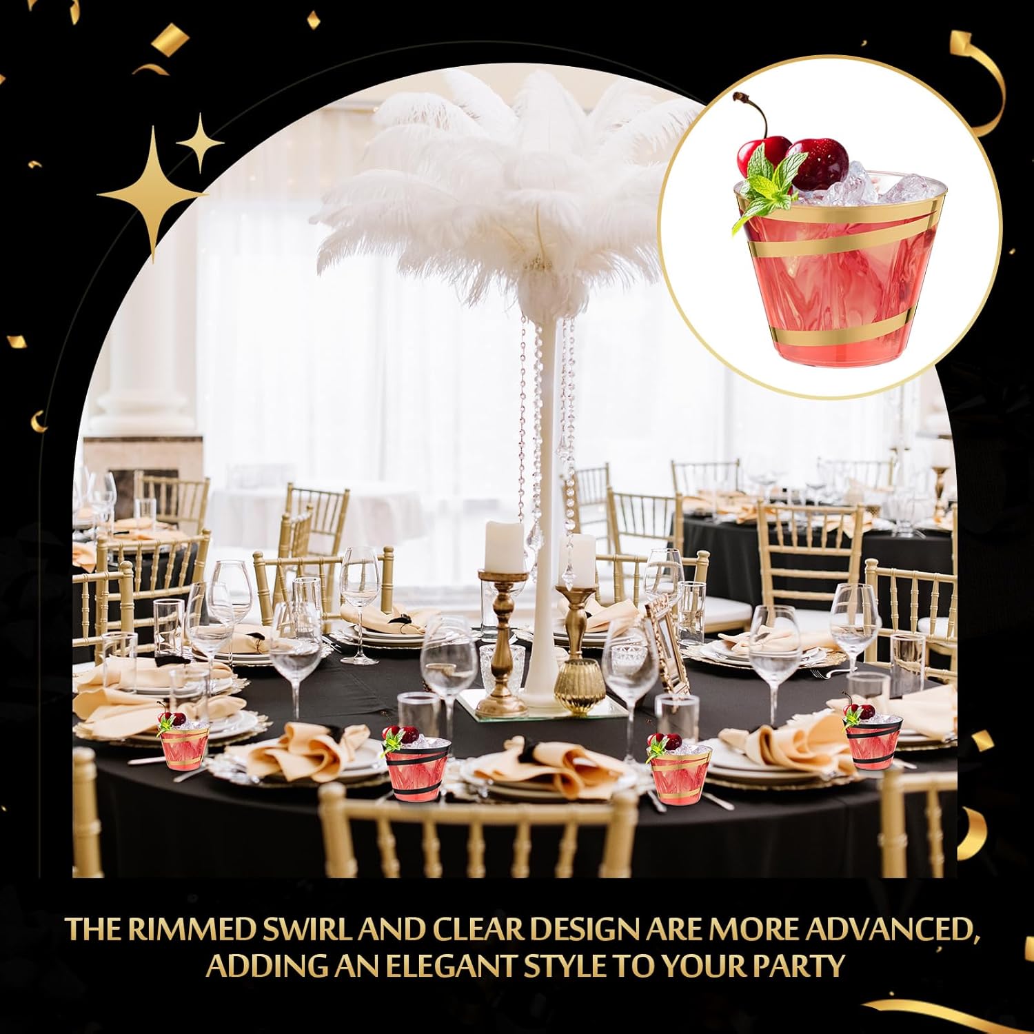 Gejoy 9 oz Rimmed Swirl Plastic Cups Disposable Wine Drinking Cups Clear Elegant Halloween Tumblers for Christmas Party Supplies(Black, Gold,100 Pcs) - Image 7